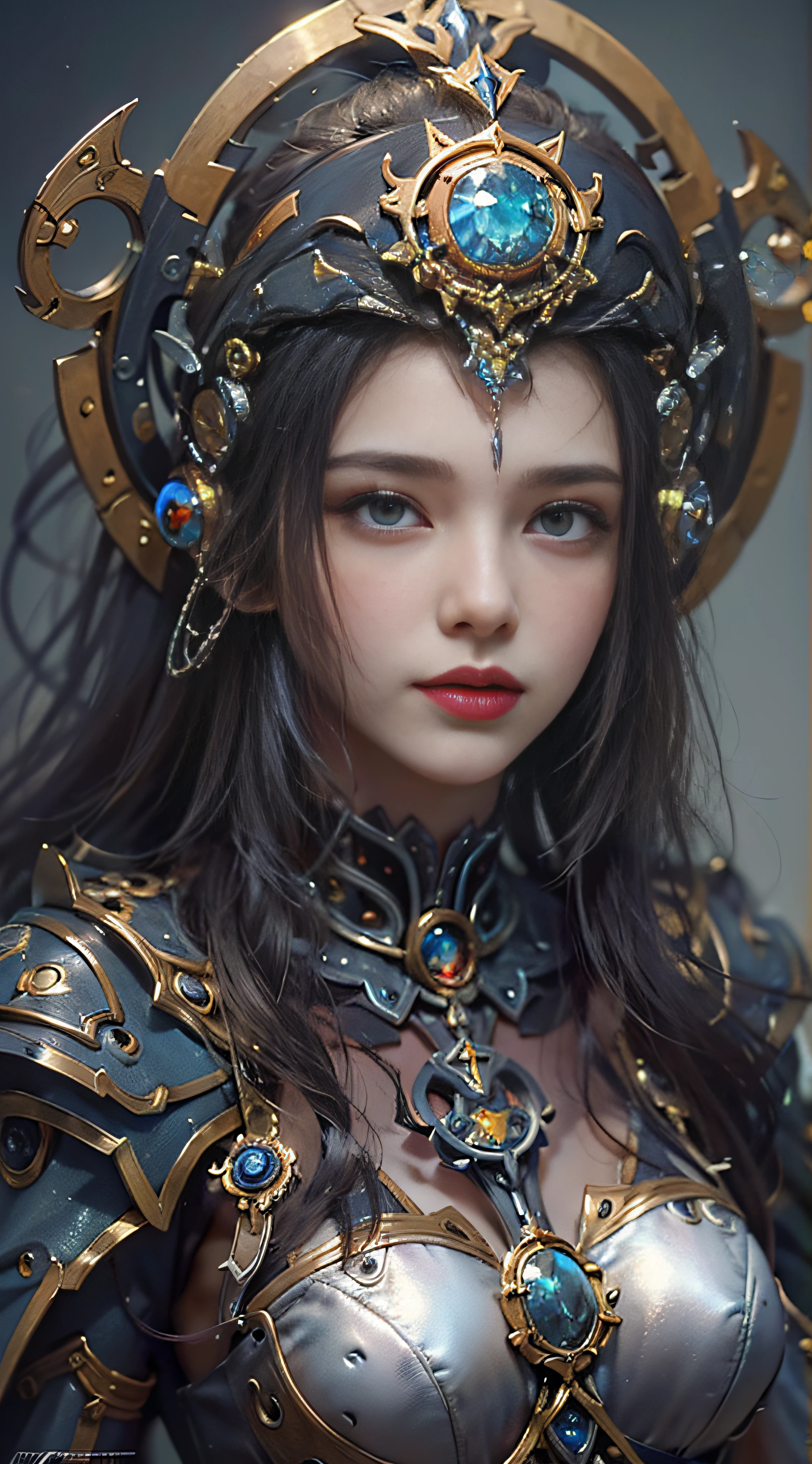 (((Masterpiece, top quality, super detailed))), (((One endless mage girl, , radiating magic))), (((complex mechanical headgear, complex mechanical steampunk fashion and overdecorated gothic fashion and neon glitter cyberpunk fashion fusion of))), bust-up photos, ((((very detailed face))), (((very sharp focused eyes))), very large slit dark gray eyes that shine like jewels. Very long eyelashes, long dark hair in vertical curls, thick bangs, perfect princess cut, very gorgeous tiara, (((perfectly accurate human anatomy))), long neck, narrow shoulders, long slender arms, small breasts, very narrow waist, very small buttocks, long slender legs, (((overall accuracy has been dramatically improved, creating super detailed, realistic and realistic images)))), (((magic, magic spell light, magic weapon))), dynamic poses, cinematic lighting,