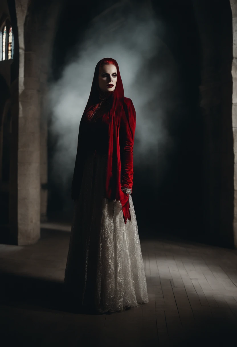 .RAW, analog) (Gothic-Nonne riesige Brust), Spielt in den 1990er Jahren, surreales Make-up, Lederkleidung in einer gotischen Kirche bei Nacht, Neonlichter, schwarzgrau, Entsetzen, Red hues, Chaos, sinister, Hohe Detailgenauigkeit, ultra realistisch, SonyA7III, Filmische Beleuchtung, Film, Korn, UHD-Gesichter, Volumetrischer Schatten, wahnsinnig detailliert,