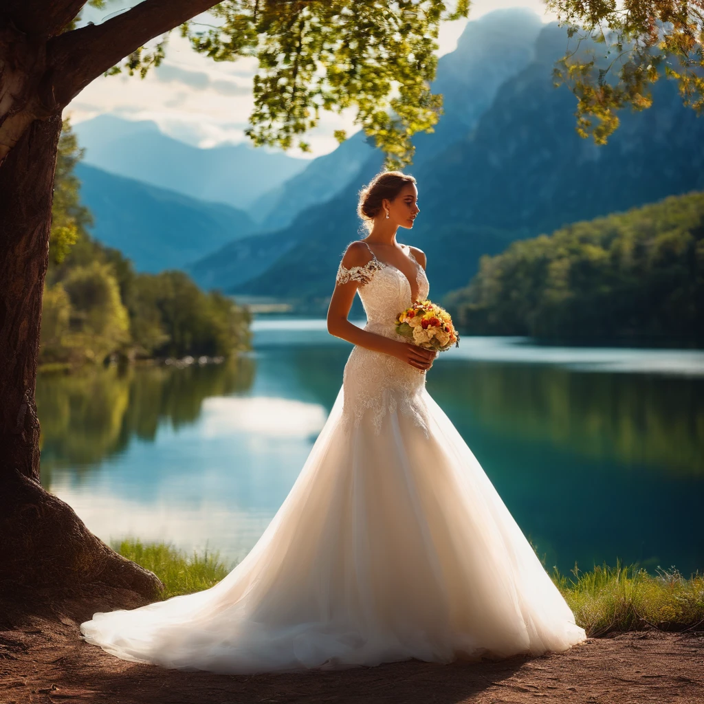 beautiful girl in a wedding dress, scenic landscape, fashion model