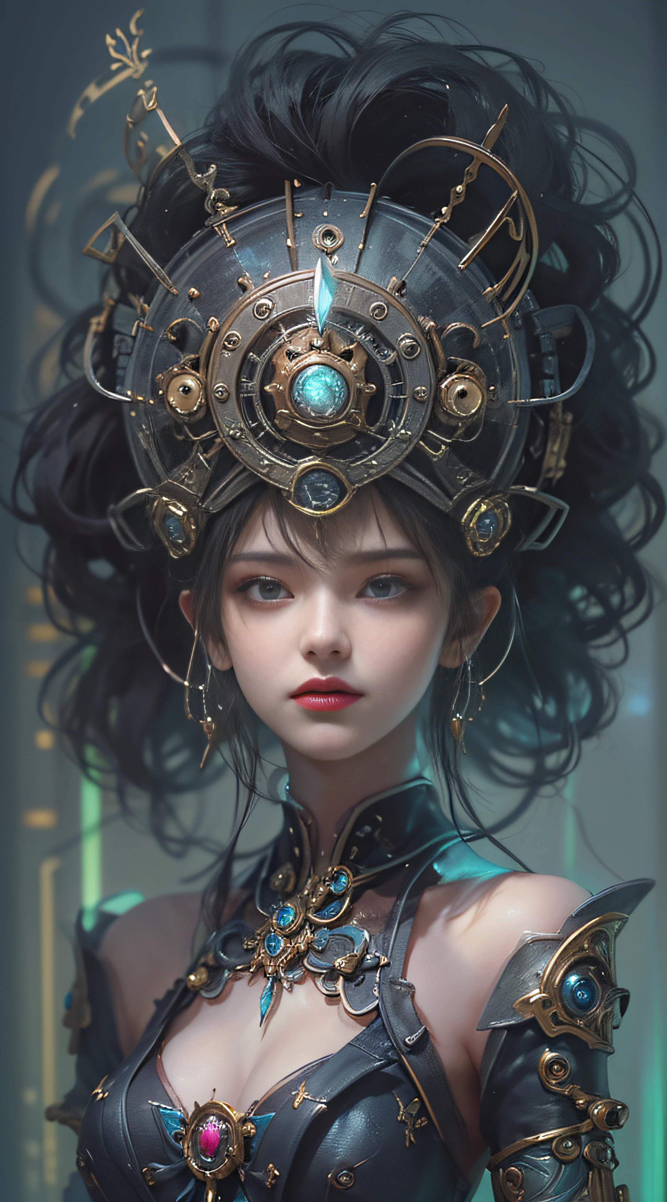(((Masterpiece, top quality, super detailed))), (((One endless mage girl, , radiating magic))), (((complex mechanical headgear, complex mechanical steampunk fashion and overdecorated gothic fashion and neon glitter cyberpunk fashion fusion of))), bust-up photos, ((((very detailed face))), (((very sharp focused eyes))), very large slit dark gray eyes that shine like jewels. Very long eyelashes, long dark hair in vertical curls, thick bangs, perfect princess cut, very gorgeous tiara, (((perfectly accurate human anatomy))), long neck, narrow shoulders, long slender arms, small breasts, very narrow waist, very small buttocks, long slender legs, (((overall accuracy has been dramatically improved, creating super detailed, realistic and realistic images)))), (((magic, magic spell light, magic weapon))), dynamic poses, cinematic lighting,