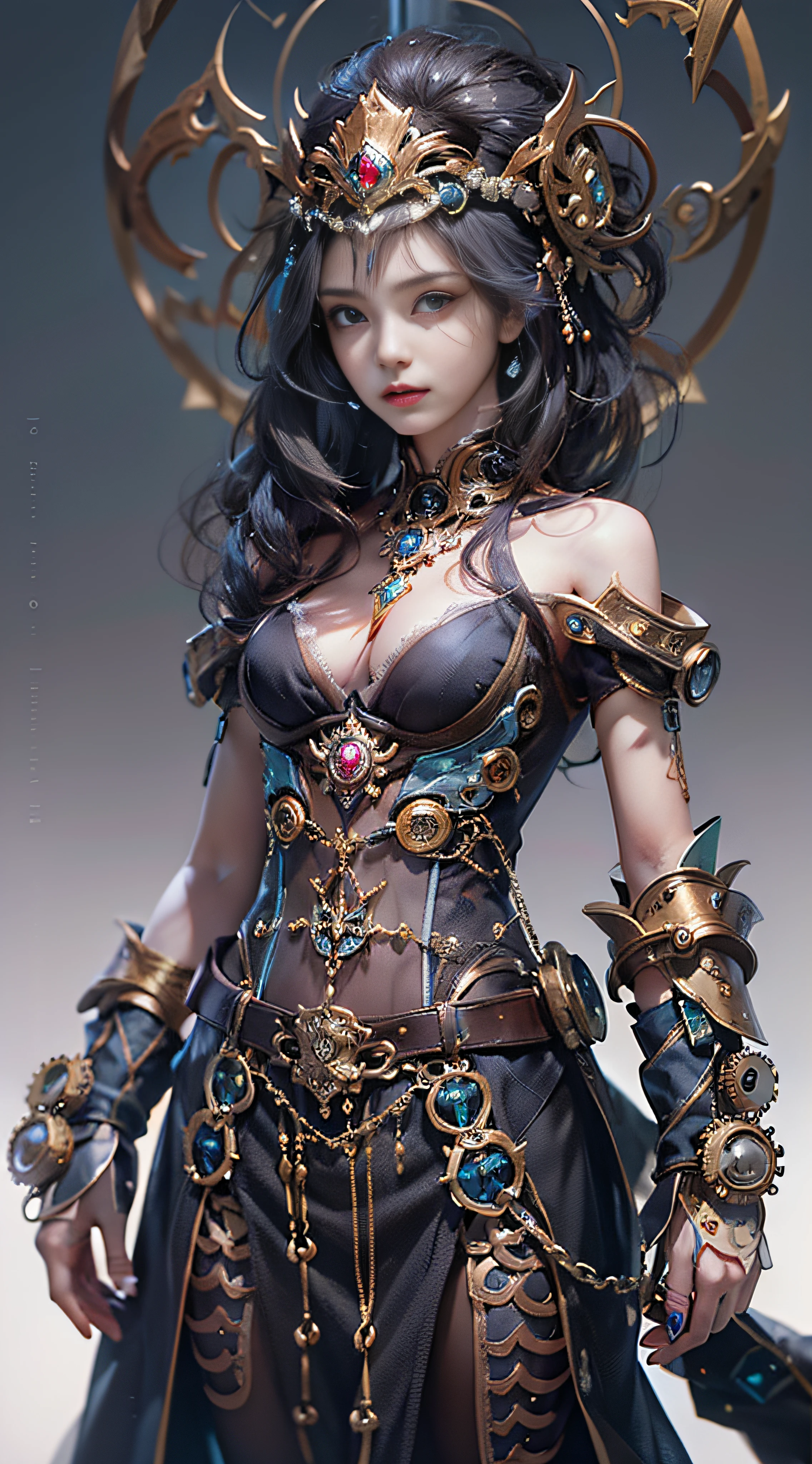 (((Masterpiece, top quality, super detailed))), (((One endless mage girl, , radiating magic))), (((complex mechanical headgear, complex mechanical steampunk fashion and overdecorated gothic fashion and neon glitter cyberpunk fashion fusion of))), bust-up photos, ((((very detailed face))), (((very sharp focused eyes))), very large slit dark gray eyes that shine like jewels. Very long eyelashes, long dark hair in vertical curls, thick bangs, perfect princess cut, very gorgeous tiara, (((perfectly accurate human anatomy))), long neck, narrow shoulders, long slender arms, small breasts, very narrow waist, very small buttocks, long slender legs, (((overall accuracy has been dramatically improved, creating super detailed, realistic and realistic images)))), (((magic, magic spell light, magic weapon))), dynamic poses, cinematic lighting,