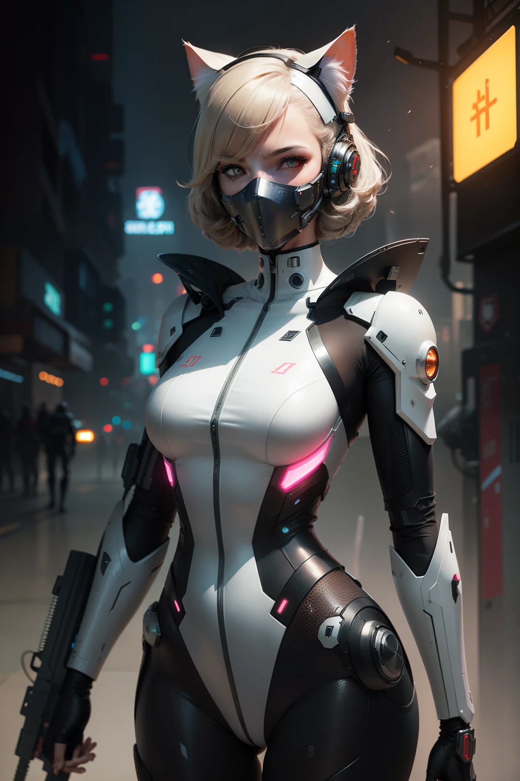 Futuristic robosuit with laser rifle,(The face is also covered with a mechanical mask of cat ears),((((There is a cat)))),Cyberpunk Art. Her, cgsociety, retrofuturism, Futuristic, future technology, scientific fiction,Illustration from the 70s