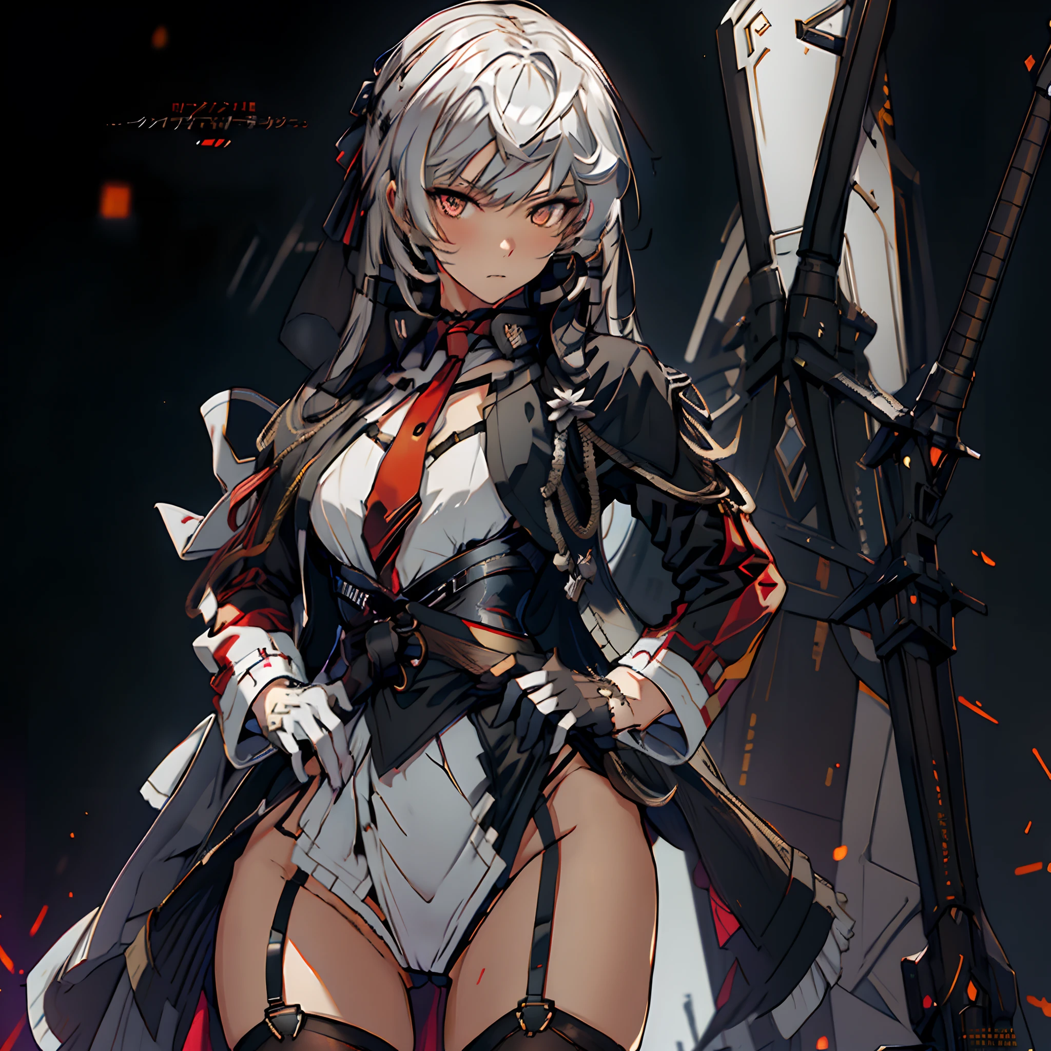The alone young long waist silver hair woman as the lone character, yellow eye, golde eyes, stand alone , high resolution, sci-fi battlefield , Hyper detail mature face, wear long oversize White shirt, black glove, black jacket, high res, ultra sharp, red necktie, black V-cut panty , black string full leg stocking, black string high thigh kneesock, Black undergarment, twin sword, twind binder,  She stands confidently in the center of the poster, detail finger, 5 finger, Shooting pose，explosion effect, a determined expression on her face。The background is dark and gritty，There is a sense of danger and a strong feeling。The text is bold and eye-catching，With catchy slogans，Adds to the overall drama and excitement。The color palette is dominated by dark colors，Dotted with bright colors，Make the poster dynamic and visually striking，(Magazines:1.3), (Cover-style:1.3), Fashion, vibrant, Outfit, posing on a, Front, rich colorful，Background with，element in，self-assured，Expressing the，halter，statement，Attachment，A majestic，coil，Runt，Touching pubic area，Scenes，text，Cover of a，boldness，attention-grabbing，titles，Fashion，typeface，，Best quality at best，Hyper-detailing，8K ，hyper HD