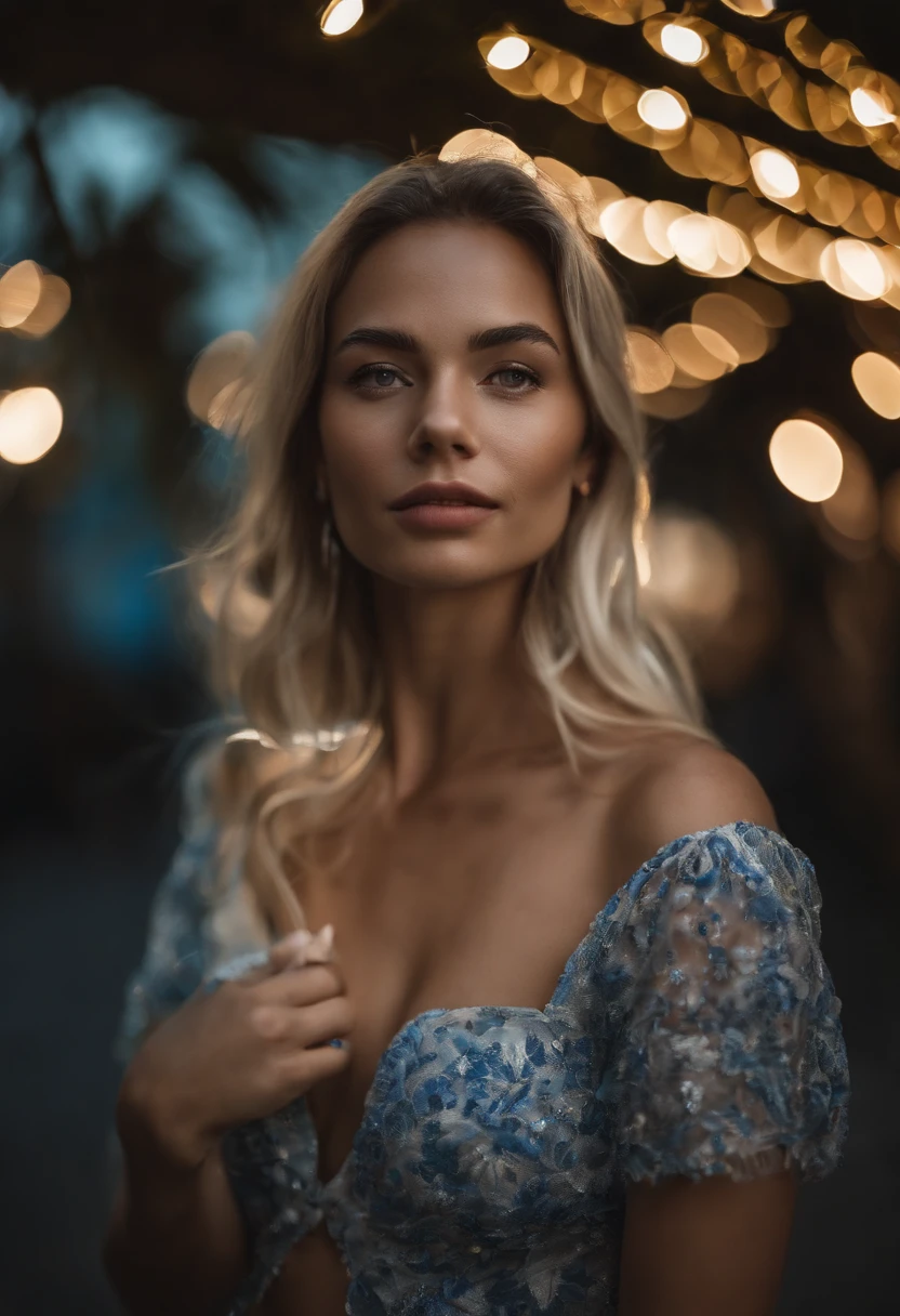 (selfie, top view: 1.4), (straight half of the body: 1.4), RAW UHD portrait photo of a 24-year-old blonde (blue-eyed woman) walking down on the beach, palm trees, (skirt), (neckline), details (textures! , hair! , glitter, color!! , disadvantages: 1.1), glossy eyes with high detail (looking at the camera), SLR lighting, SLR camera, ultra-quality, sharpness, depth of field, film grain (center), Fujifilm XT3, crystal clear, frame center, beautiful face, sharp focus, street lamp, neon lighting, bokeh (dimly lit), night, (night sky), detailed skin pores, oily skin, sunburn, complex eye details, full body, large breasts
