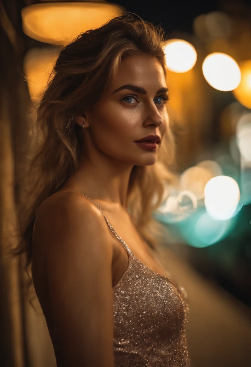 (selfie, top view: 1.4), (straight half of the body: 1.4), RAW UHD portrait photo of a 24-year-old blonde (blue-eyed woman) walking down on the beach, palm trees, (skirt), (neckline), details (textures! , hair! , glitter, color!! , disadvantages: 1.1), glossy eyes with high detail (looking at the camera), SLR lighting, SLR camera, ultra-quality, sharpness, depth of field, film grain (center), Fujifilm XT3, crystal clear, frame center, beautiful face, sharp focus, street lamp, neon lighting, bokeh (dimly lit), night, (night sky), detailed skin pores, oily skin, sunburn, complex eye details, full body, large breasts