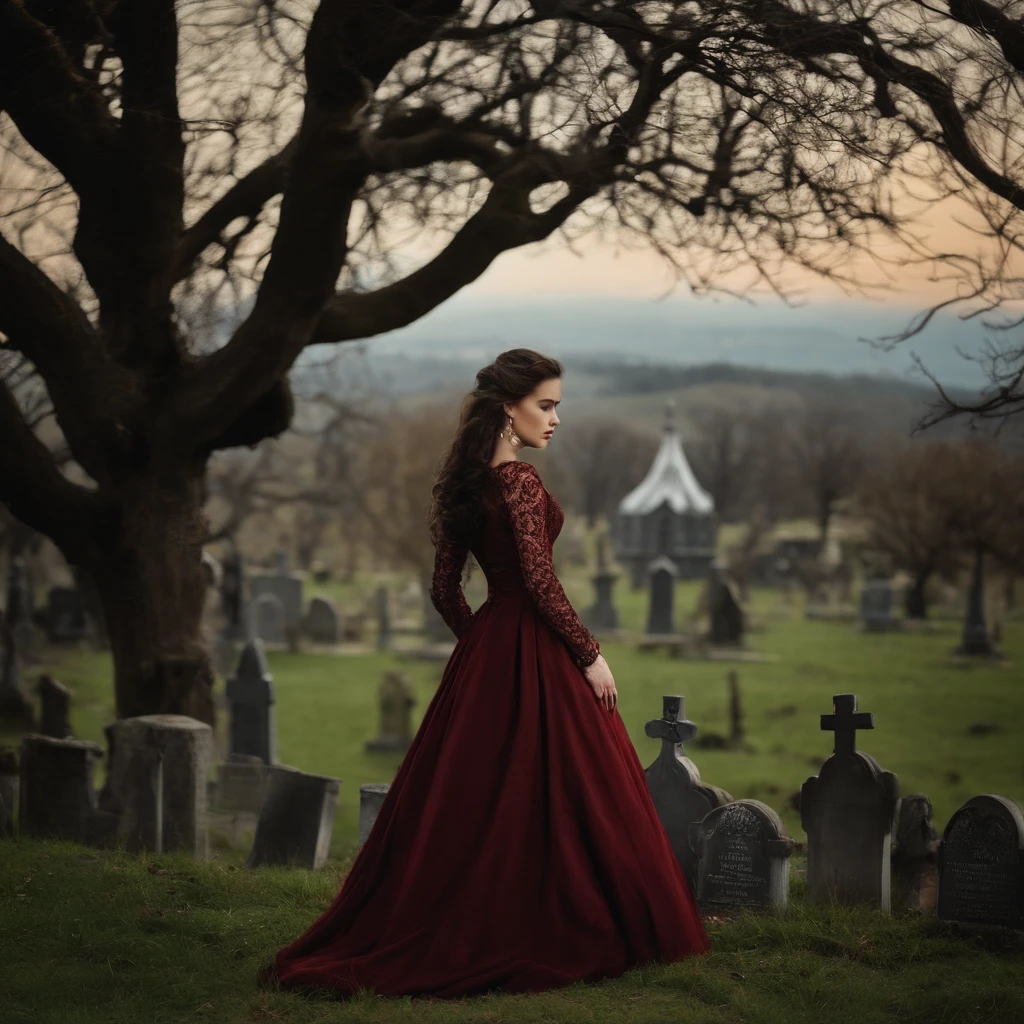 Garoto lindo com idade de 11 anos, com cabelos pretos olhos azuis, Victorian Gothic clothing, Landscape with dry trees and cemetery in the background, e casa vitoriana ao fundo. morcegos voando.