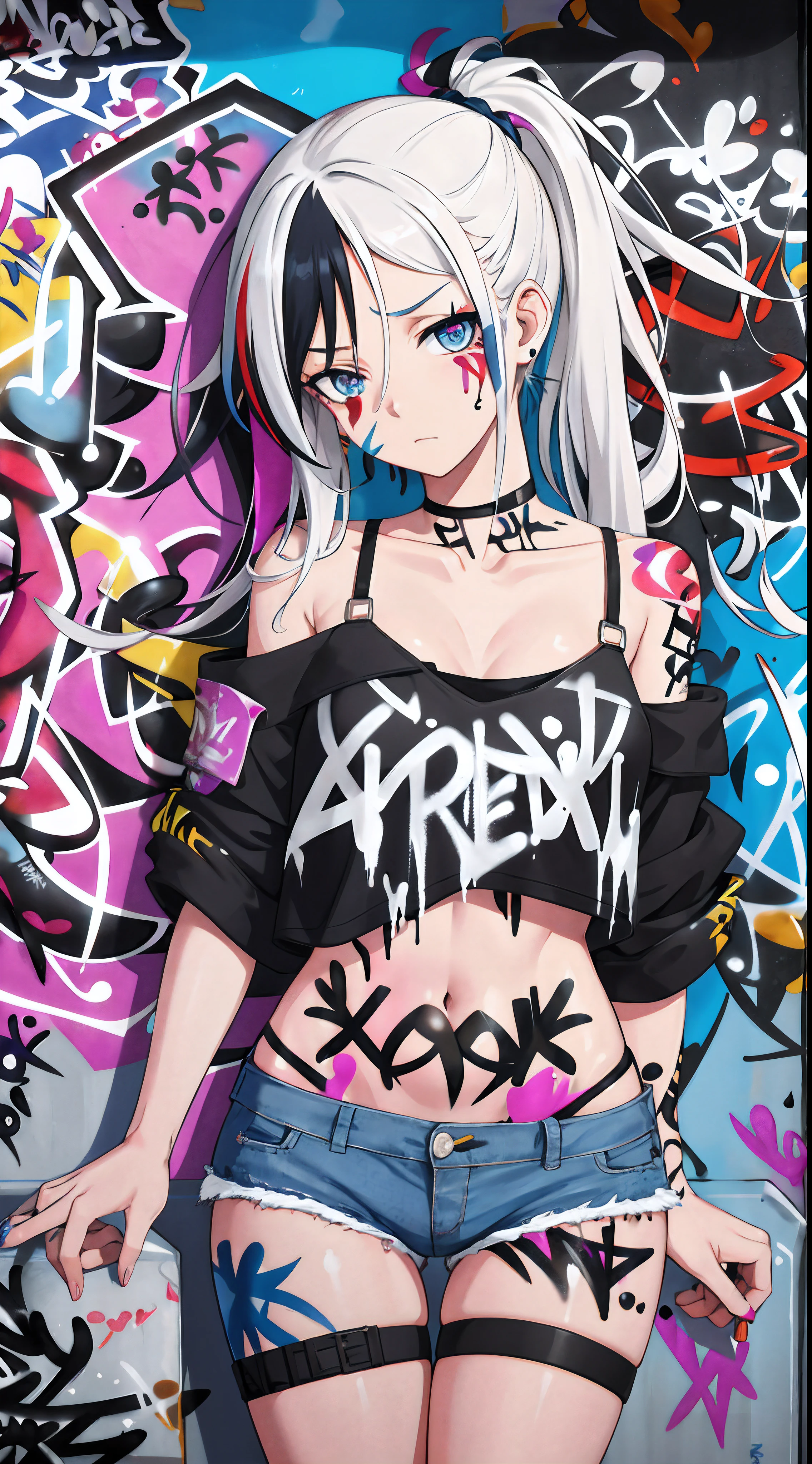 absurdres, best quality,1girl, solo, streaked hair, crop top, denim shorts, choker, (graffiti:1.5), <lyco:GoodHands-beta2:1.0>, paint splatter, arms behind back, (slouching), leaning back, against wall, (leaning to the side:0.25), looking at viewer, armband, thigh strap, streaked hair, paint on body, upturned eyes, head down, head tilt, (from side:0.95), bored, (expressionless:0.75)