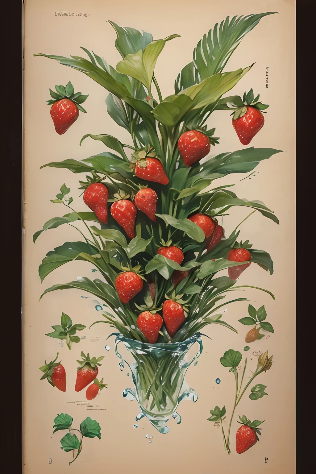((Best quality))), ((Ultra-detailed)),((plant illustration)),without hands,Botanical diagram,Gongbi style,Meticulous,white backgrounid,water ink, illustrations of strawberries, flowers, berries