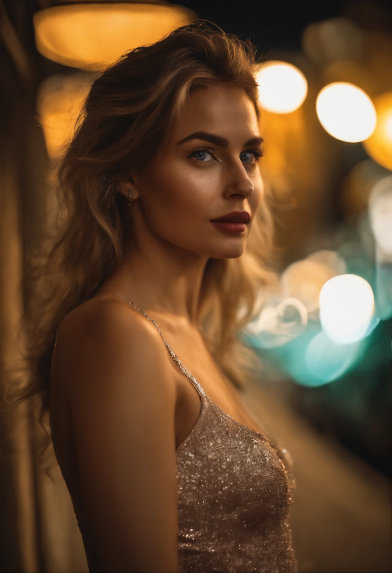 (selfie, top view: 1.4), (straight half of the body: 1.4), RAW UHD portrait photo of a 24-year-old blonde (blue-eyed woman) walking down on the beach, palm trees, (skirt), (neckline), details (textures! , hair! , glitter, color!! , disadvantages: 1.1), glossy eyes with high detail (looking at the camera), SLR lighting, SLR camera, ultra-quality, sharpness, depth of field, film grain (center), Fujifilm XT3, crystal clear, frame center, beautiful face, sharp focus, street lamp, neon lighting, bokeh (dimly lit), night, (night sky), detailed skin pores, oily skin, sunburn, complex eye details, full body, large breasts