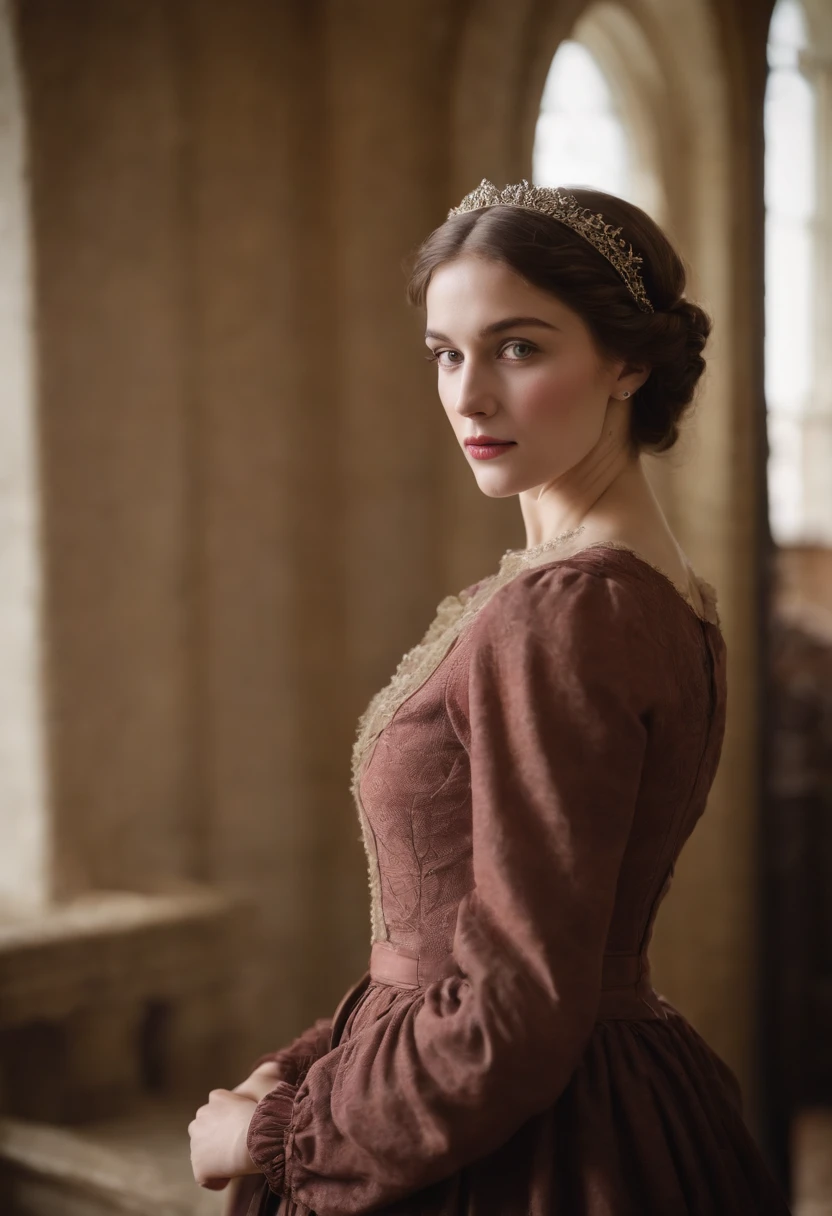 A young Victorian girl, em torno de 23 anos, muito bonita, loira, de olhos azuis, um olhar um tanto triste, veste roupas austeras de governanta vitoriana. It's in a library in an English mansion.
