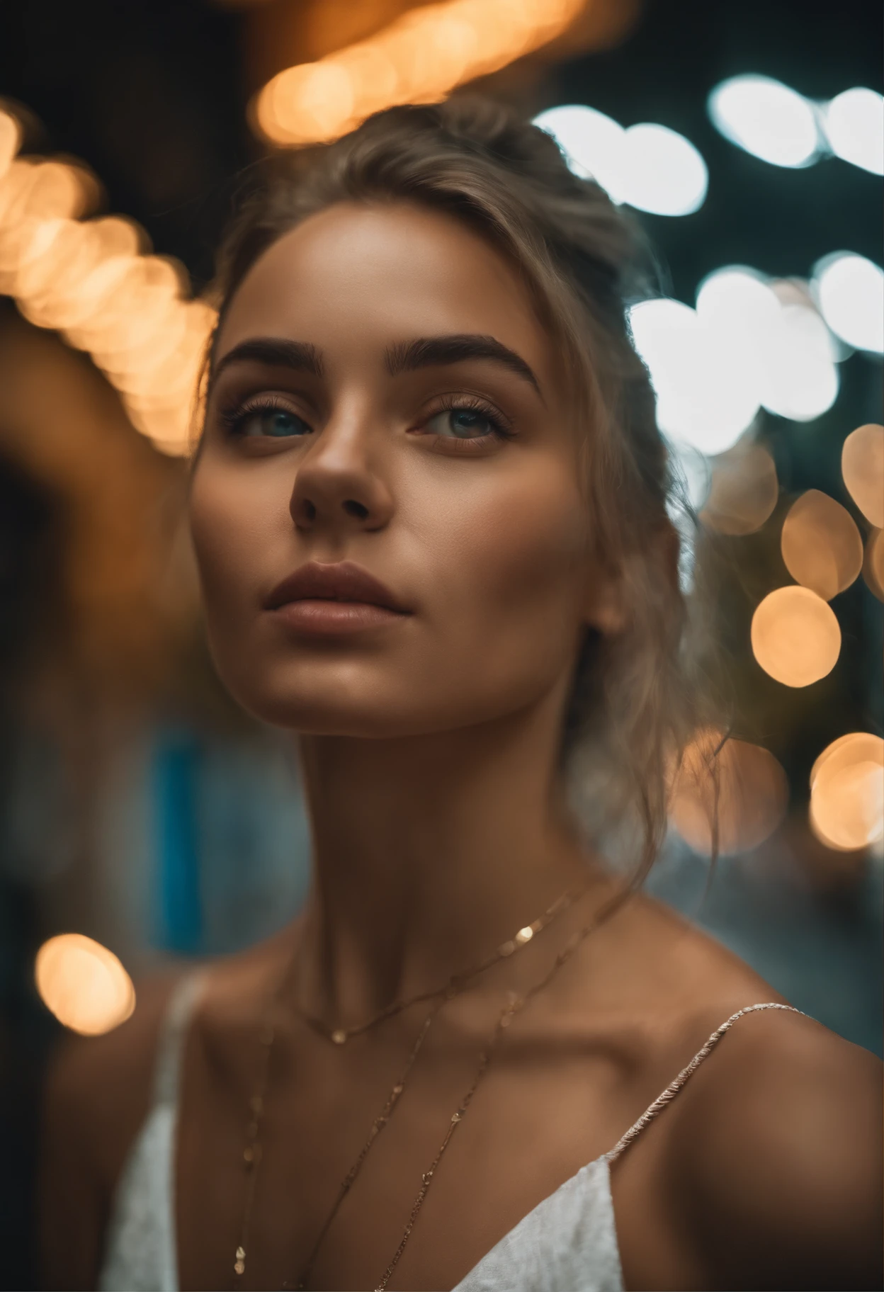 (selfie, top view: 1.4), (straight half of the body: 1.4), RAW UHD portrait photo of a 24-year-old blonde (blue-eyed woman) walking down on the beach, palm trees, (skirt), (neckline), details (textures! , hair! , glitter, color!! , disadvantages: 1.1), glossy eyes with high detail (looking at the camera), SLR lighting, SLR camera, ultra-quality, sharpness, depth of field, film grain (center), Fujifilm XT3, crystal clear, frame center, beautiful face, sharp focus, street lamp, neon lighting, bokeh (dimly lit), night, (night sky), detailed skin pores, oily skin, sunburn, complex eye details, full body, large breasts