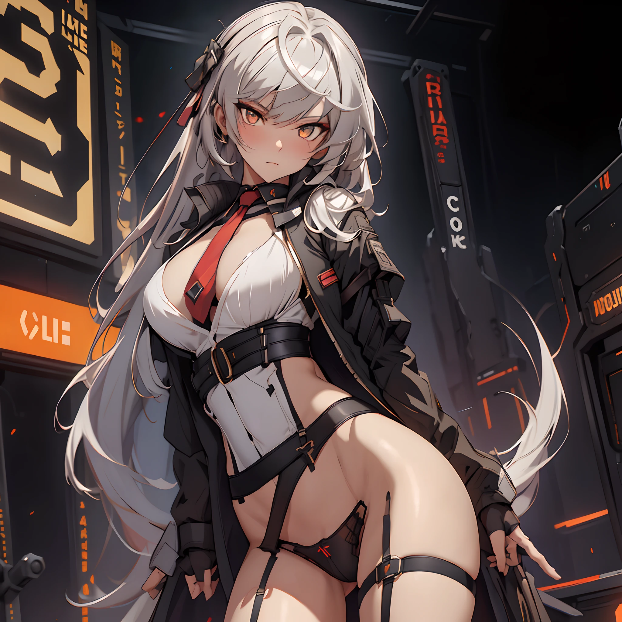 The alone young long waist silver hair woman as the lone character, yellow eye, golde eyes, stand alone , high resolution, sci-fi battlefield , Hyper detail mature face, wear only long White shirt, black glove, black jacket, high res, ultra sharp, red necktie, black V-cut panty , black string full leg stocking, black string high thigh kneesock, Black undergarment, exposed leg , exposed panty, She stands confidently in the center of the poster, detail finger, 5 finger, Shooting pose，explosion effect, a determined expression on her face。The background is dark and gritty，There is a sense of danger and a strong feeling。The text is bold and eye-catching，With catchy slogans，Adds to the overall drama and excitement。The color palette is dominated by dark colors，Dotted with bright colors，Make the poster dynamic and visually striking，(Magazines:1.3), (Cover-style:1.3), Fashion, vibrant, Outfit, posing on a, Front, rich colorful，Background with，element in，self-assured，Expressing the，halter，statement，Attachment，A majestic，coil，Runt，Touching pubic area，Scenes，text，Cover of a，boldness，attention-grabbing，titles，Fashion，typeface，，Best quality at best，Hyper-detailing，8K ，hyper HD