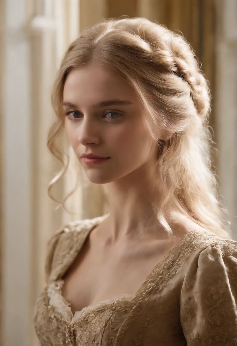 A young Victorian girl, em torno de 23 anos, muito bonita, the hair is very blonde the color of wheat, de olhos azuis, um olhar um tanto triste, veste roupas cinzas austeras de governanta vitoriana. It's in a library in an English mansion.