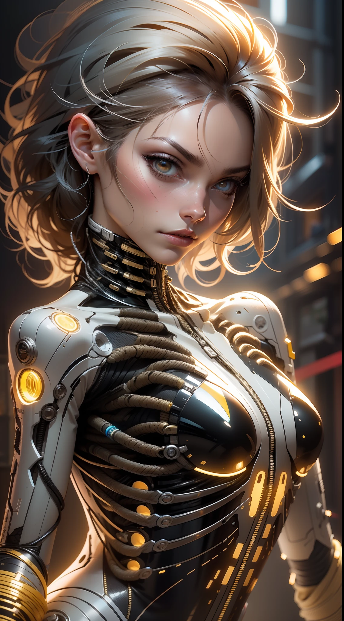 1mechanical girl,((ultra realistic details)), portrait, global illumination, shadows, octane render, 8k, ultra sharp,metal,intricate, ornaments detailed, cold colors, egypician detail, highly intricate details, realistic light, trending on cgsociety, glowing eyes, facing camera, neon details, machanical limbs,blood vessels connected to tubes,mechanical vertebra attaching to back,mechanical cervial attaching to neck,sitting,wires and cables connecting to head --auto --s2