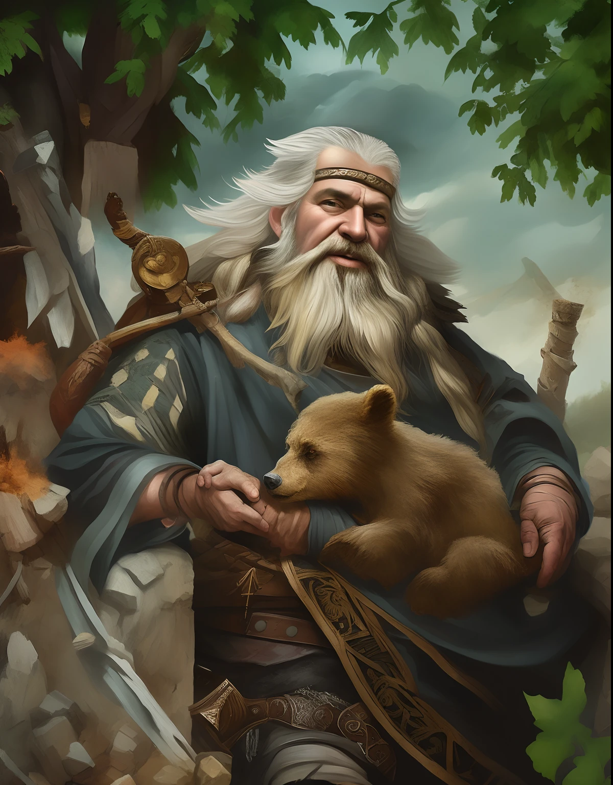 painting of a man with a beard and a beardless face holding a bear, by Alexander Ivanov, painted portrait of rugged odin, russian shaman, by Fyodor Slavyansky, tuomas korpi and wlop, slavic mythology, inspired by Vladimir Makovsky, а fantasy proto-slavic mythology, by Mikhail Evstafiev