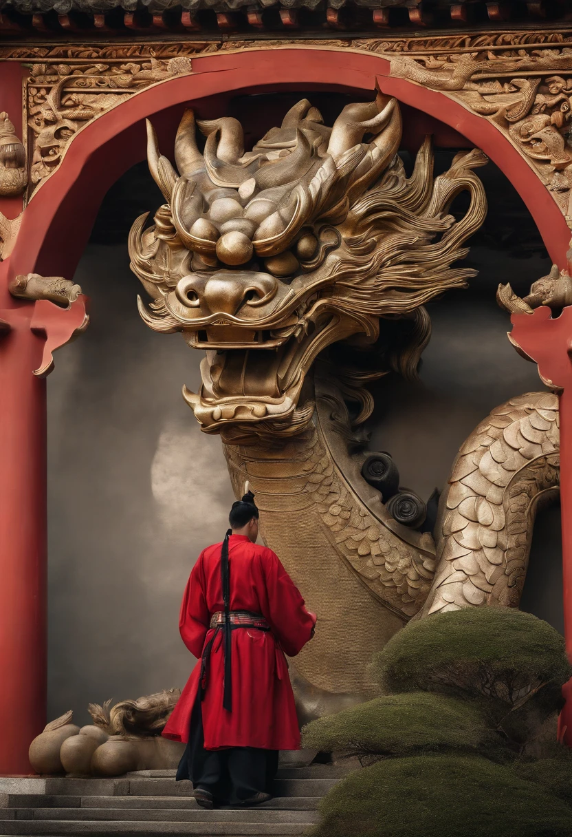 UHD,masterpiece,award winning,best quality,highres,8k,high details,(A man:1.6),Perfect face,long black hair,Chinese ancient hair accessories,blonde hair accessories,(Face the lens:1.4),(Handheld sword:1.5),Hand-held scabbard,ancient chinese robes,Martial arts,outlaw star,bougu,jump up,There's a dragon behind,Chinese Dragon,Patron saint,The background is mountains and trees,Mountain,Pavilion,pine tree,Bright Sky,white cloud,a cloudy sky,loong,,ancient oriental architecture,ancient chinese architecture,