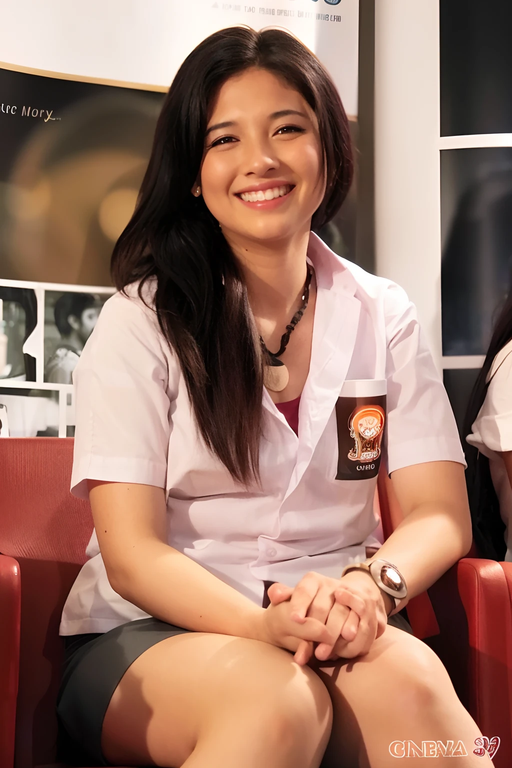 Hyperealistic, araffe woman sitting in a chair with a beer in her hand, white shirt, gray short skirt, very slightly smiling, slight cute smile, with a beautifull smile, mid shot portrait, slightly smiling, potrait, pretty face, glowing thigh