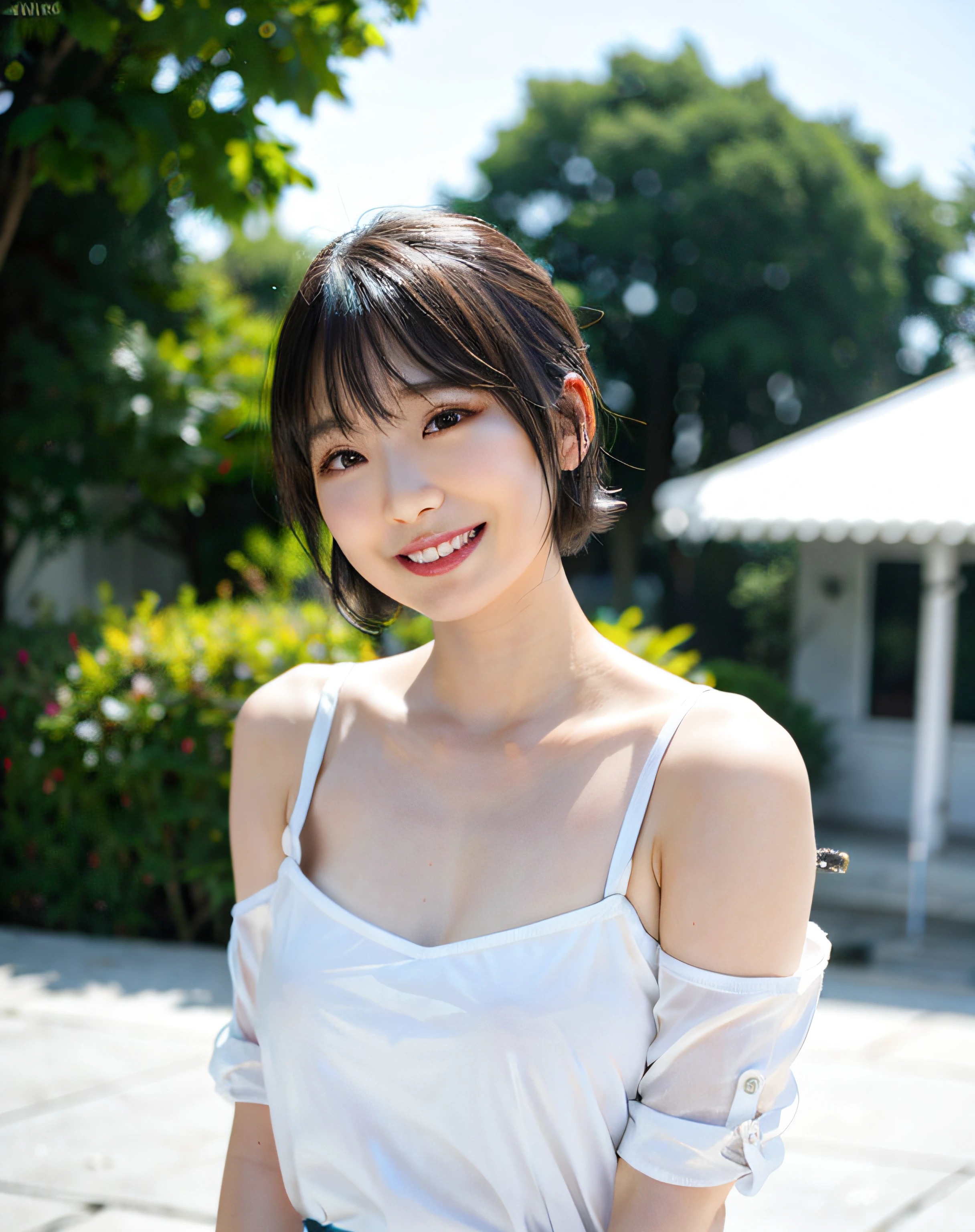 Woman posing on street corner in white dress, surrounded by lots of meals, food stalls, Taiwan streets, top quality, 1 girl, big breasts, sun, bright, bokeh, (street: 0.8), (people, crowd: 1), (cropped with lace) dress: 1.5, sleeveless dress, gorgeous (short hair, forehead: 1.2), beautiful sky in detail, earrings, ( Dynamic Pose: 1.2), (Upper Body: 0.8), Soft Lighting, Wind, Glossy Skin, Smile,