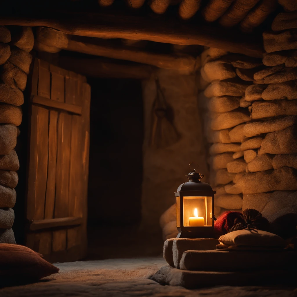 parede de tijolos rusticaA hut, stone walls, thatched roof, interior, medieval, a lighted candle, a woolen blanket as a temporary door, cinematic, real photo