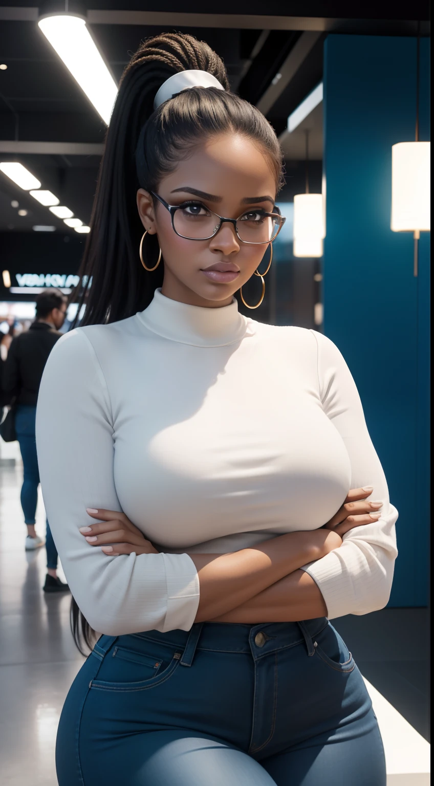 best quality,realistic,photo-realistic:1.37,ultra-detailed,stunning lighting effects,professional,nerdy dominican woman with ponytail,(27 years old:1.1),(curvy figure:1.1),intense gaze,serious expression,(crossed arms:1.1),(crossed legs:1.1),holding Iphone,standing at a modern mall,background full of trendy stores and people,harsh and bright commercial lighting,modern and vibrant color scheme,rejecting the viewer's gaze,expressing disapproval or disagreement,firmly saying "no"