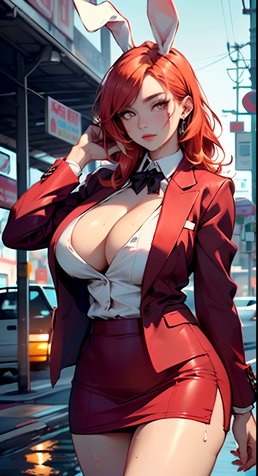 cute bunny girl,(((1girl))),((bunny girl with extremely cute and beautiful orange hair)),(((bunny girl,anthro furry cute,bunny-girl,bunny ears,bunny ears on head,big bunny ears))),
(large breasts:1.4),saggy breasts,(((red orange hair:1.35,colored inner hair,ear breathing,large hair))),(((heterochromia:1.5,eye1 red,eye2 orange))),intricate eyes,beautiful detailed eyes,symmetrical eyes,big eyes:1.3,((fat)),(((lustrous skin:1.5,bright skin: 1.5,skin tanned,shiny skin,very shiny skin,shiny body,plastic glitter skin,exaggerated shiny skin,illuminated skin,wet legs))),(spider lower abdomen,narrow waist,wide hip,athletic body,inflated legs,delicate detailed fingers,detailed body,detailed arms,human hands,(detailed face)),
cute,slutty,seductive,erotic,(((nsfw))),
(((wearing dark red formal blazer,short skirt,))),(((huge cleavage))),((wet clothes,intricate outfit,intricate clothes)),
(dynamic pose:1.0),solo focus,embarrassed,(centered,scale to fit dimensions,Rule of thirds),
cyberpunk city by the ocean at night, with bright neon signs and dark stormy clouds and puddles, scenery:1.25,
highres, sharp focus, (ultra detailed, extremely detailed), (photorealistic artwork:1.37),(extremely detailed CG unity 8k wallpaper),((synthwave background theme)),(((vibrant colors))),(intricate background),(masterpiece),(best quality),