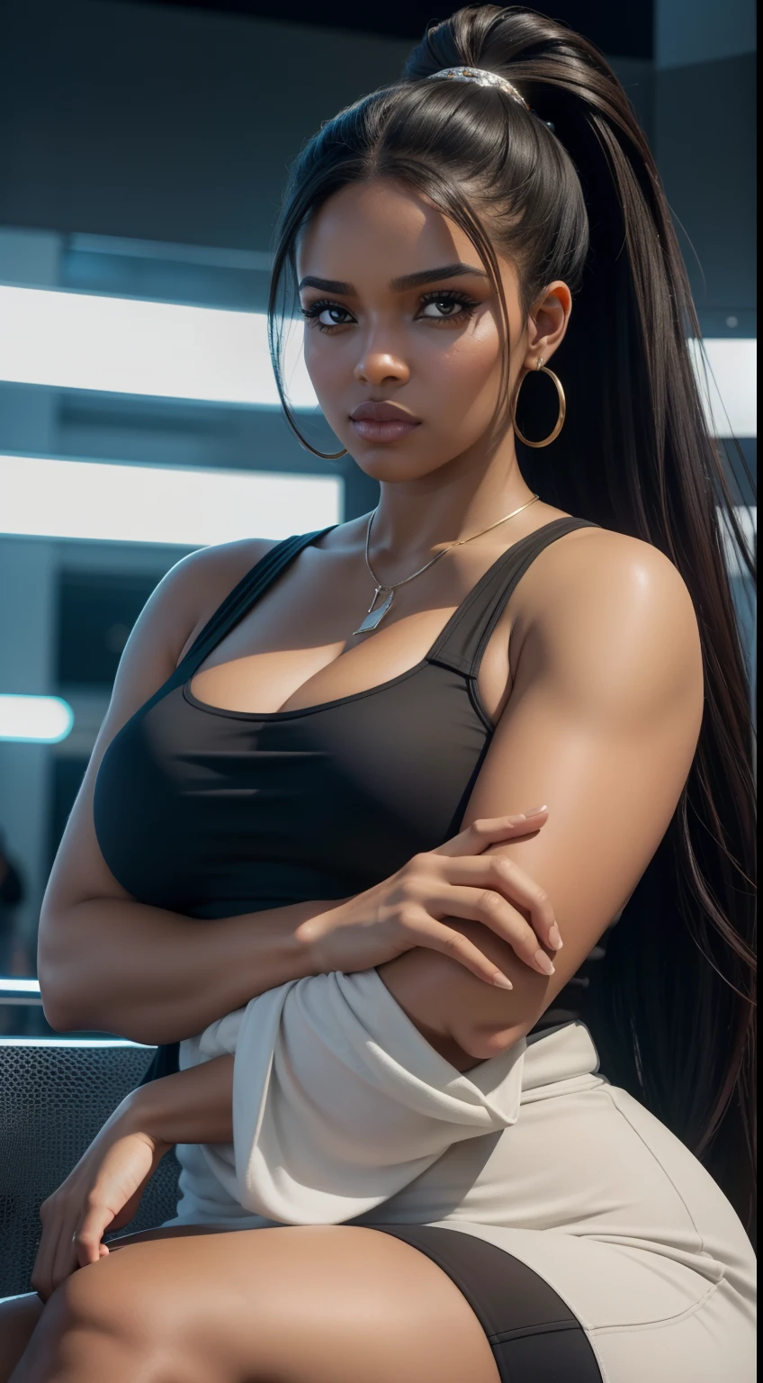 best quality,realistic,photo-realistic:1.37,ultra-detailed,stunning lighting effects,professional,nerdy dominican woman with ponytail,(27 years old:1.1),(curvy figure:1.1),intense gaze,serious expression,(crossed arms:1.1),(crossed legs:1.1),holding Iphone,standing at a modern mall,background full of trendy stores and people,harsh and bright commercial lighting,modern and vibrant color scheme,rejecting the viewer's gaze,expressing disapproval or disagreement,firmly saying "no"