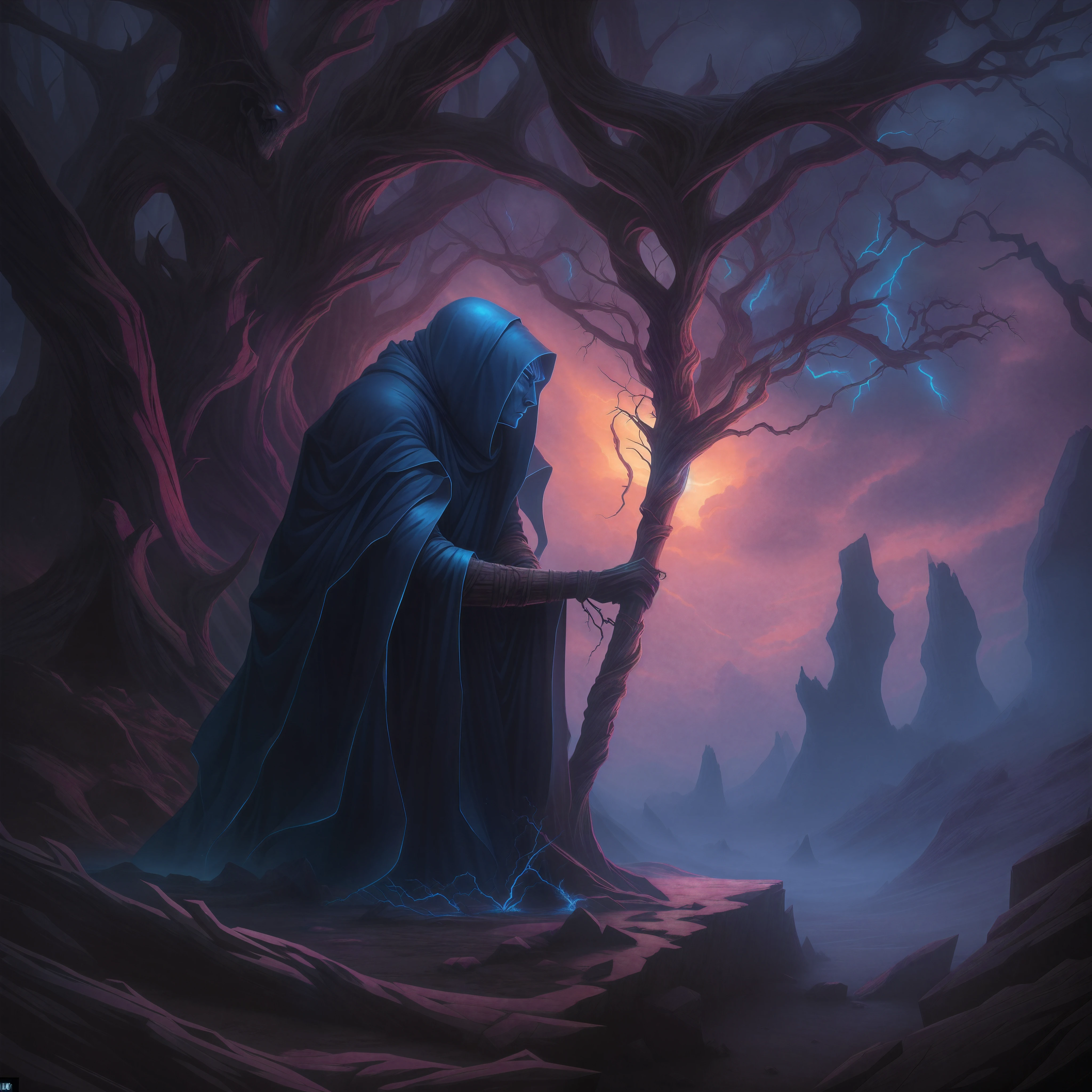 The ancient elder god stood motionless, gazing out into the distance with an expression of bored indifference. He was clad in a black hooded gown that draped over his skeletal frame. Bony fingers clutched a gnarled wooden staff resembling an ancient tree trunk. Two blue embers glowed dimly in the sockets of his skull, radiating an aura of strange calm. This ancient being had seen civilizations rise and crumble countless times over eons uncounted. Now he waited in solemn silence for the next cycle to begin. Though his powers were beyond mortal comprehension, on this day he felt only a vacant ennui.