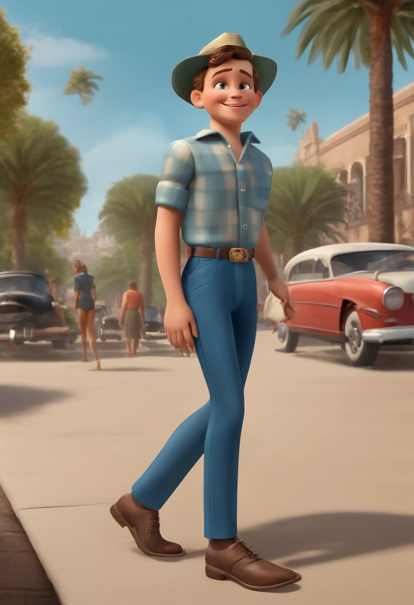 Full body image of a white teenager from the 1950s, com um cabelo curto preto, olhos castanhos escuros, corar, usando um terno azul te sapato social preto. He's standing with his hands in his pants pocket, 3D-rendering, Estilo Disney Pixar, ::n_anatomia ruim, mutation, mutilation, deformidade, mal desenhado, extra arms, pernas extras, Missing arms, pernas ausentes, Mutated hands, mutated feet, dedos fundidos, dedos extras, long neck, Defaced features, gross proportions, assymetrical, Blurry, feio, olho extra, olho perdido, deformed skull, membros malformados, boca mutada, dentes ausentes, dentes extras, dentes malformados, bruto, nojento, coluna deformada, ossos distorcidos, ossos ausentes, fora do quadro, low-res, baixa qualidade, qualidade normal, Artefatos JPEG, assinatura, watermark, user name, Texto, erro, Componentes ausentes, componentes extras, Cortada, pior qualidade, low-res, Bad proportions