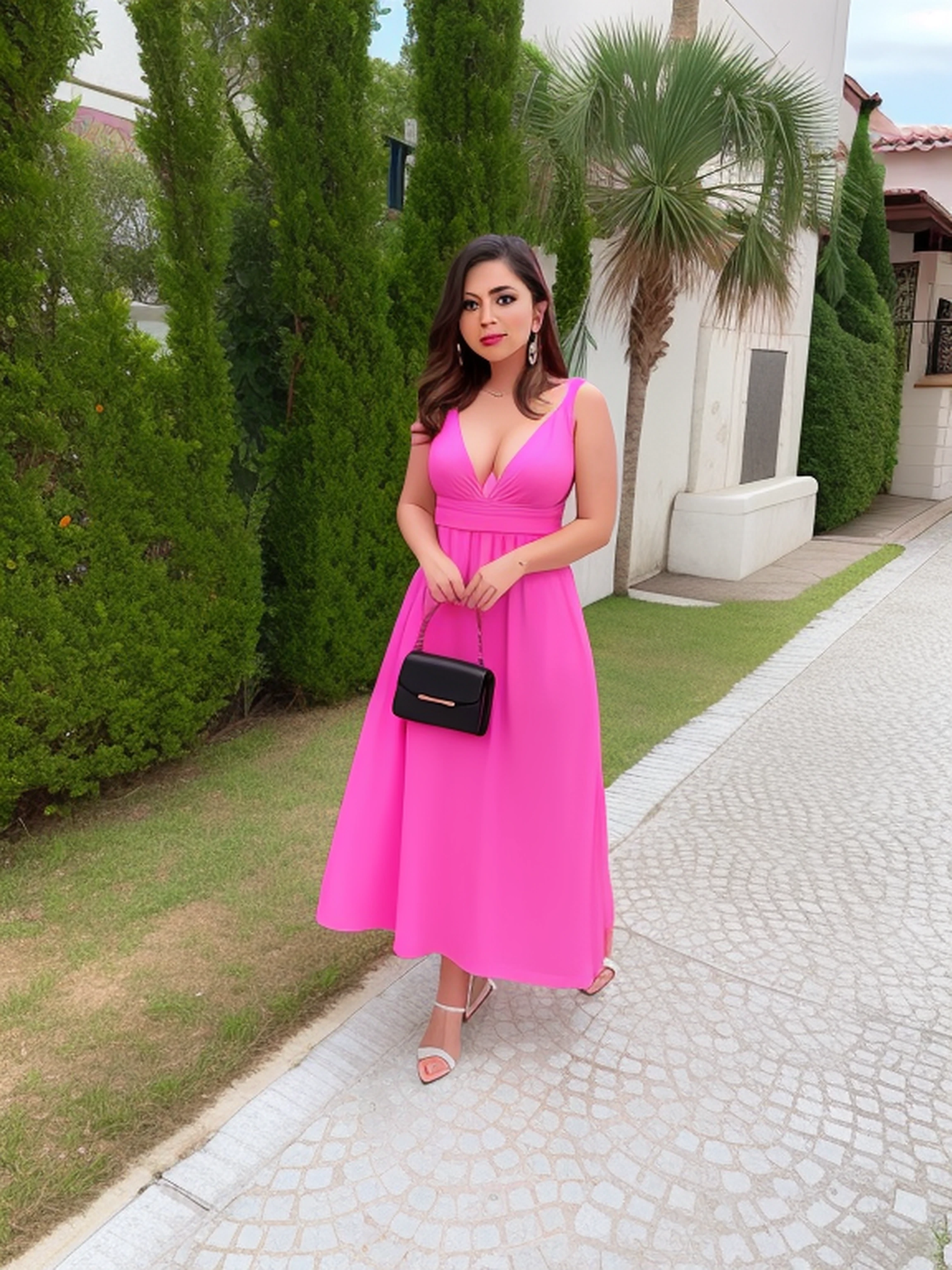 Araffe woman in a pink dress standing on a sidewalk, usando um vestido rosa, vestido com um vestido rosa, vestido rosa, wearing a pink ballroom gown, vestido feminino feminino, andrea rocha, rosa quente, Directed by: Olivia Peguero, by Gina Pellón, vestido de baile rosa brilhante, vibe rosa, neon pink, usando um vestido longo