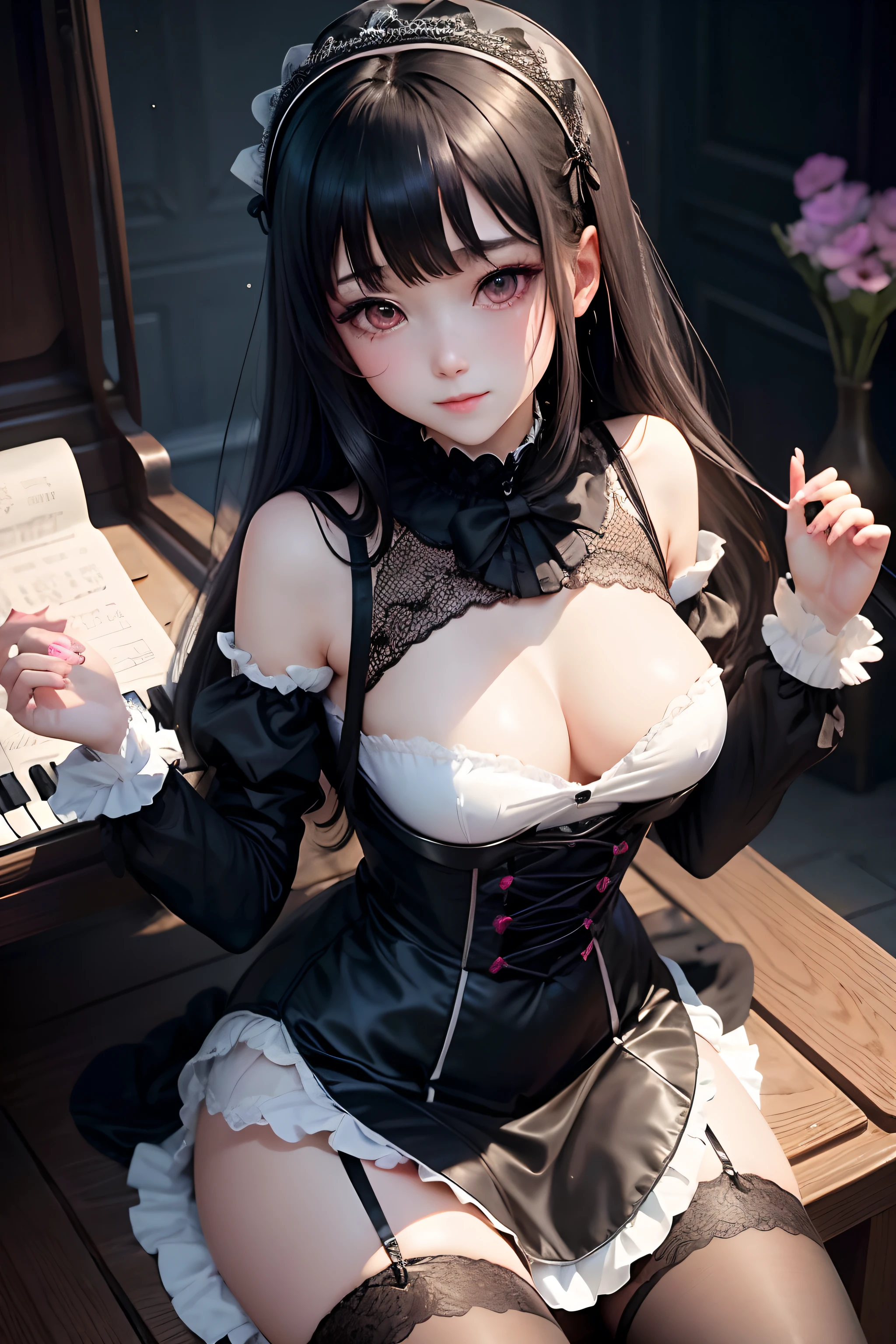 maid clothes、Black straight hair、Hair Inner Mesh Purple、masturbation、A sexy、Glamour、Gothic lolita、A slight smil、A sexy、Normal mesh、独奏、Glamorous、perspiring、splash water、light、Play the synthesizer、Playing the piano、Playing the organ、gotik、wretched、17 age、Black Knee High Socks、garters、panthyhose、be shy、Cheek dyeing、bewitching、a beauty girl、Beautie、