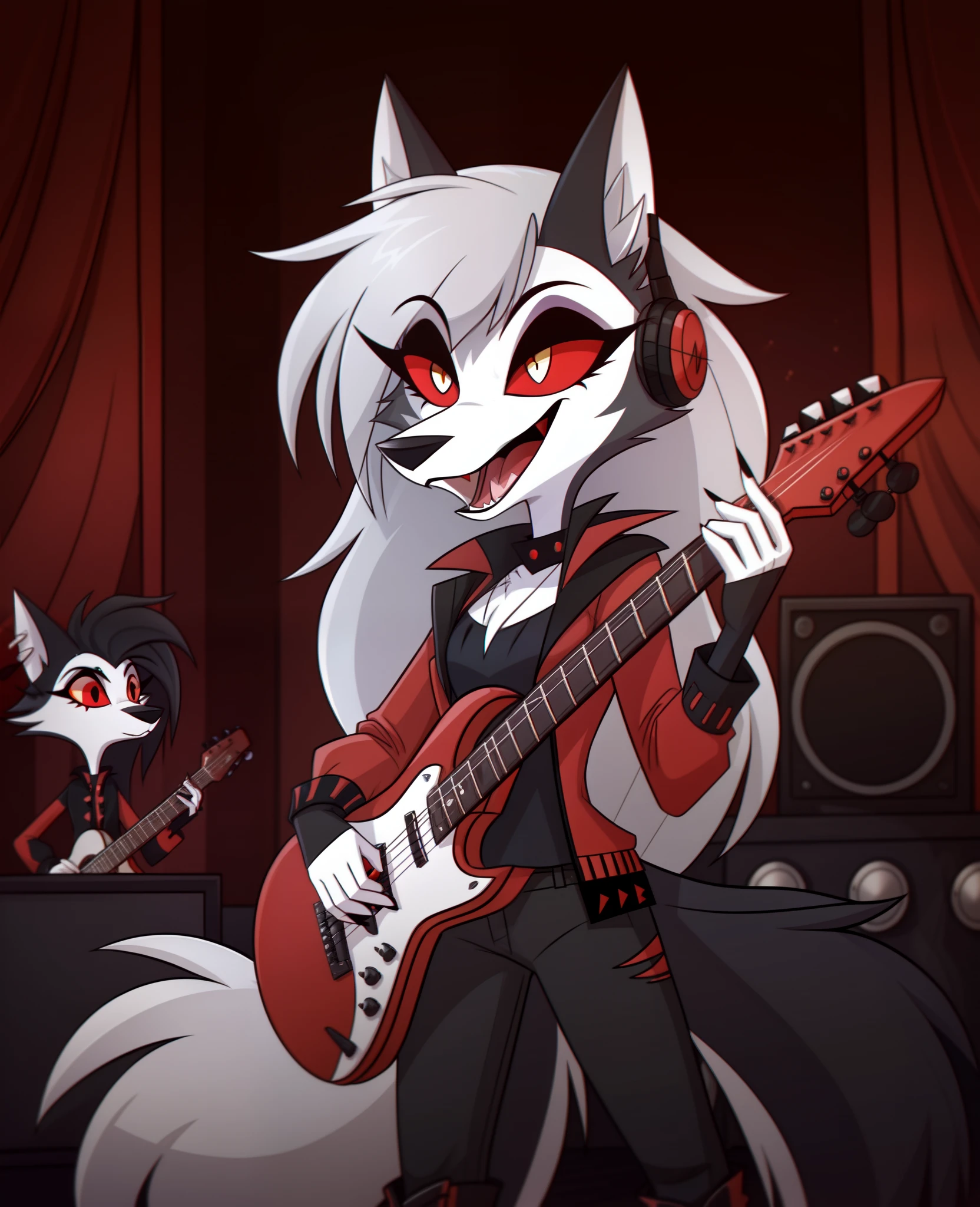 best quality, solo, 1 girl, wolf face, Eyelashes in the eyes, (visible white iris), (scarlet sclera), much long fluffy hellhound tail, (Hellhound), expression excited, open the mouth for sing, wolf female, furry female, (long black and red gradient hair), wearing (red jacket on black t-shirt top) and (black pants) and (rocker boots), (curved wolf legs), anthropomorphic,, in top of a music event, (best detailed), headphones cover ears, (playing a music on eletric guitar), (others demons watching the show). ((Helluva boss)).