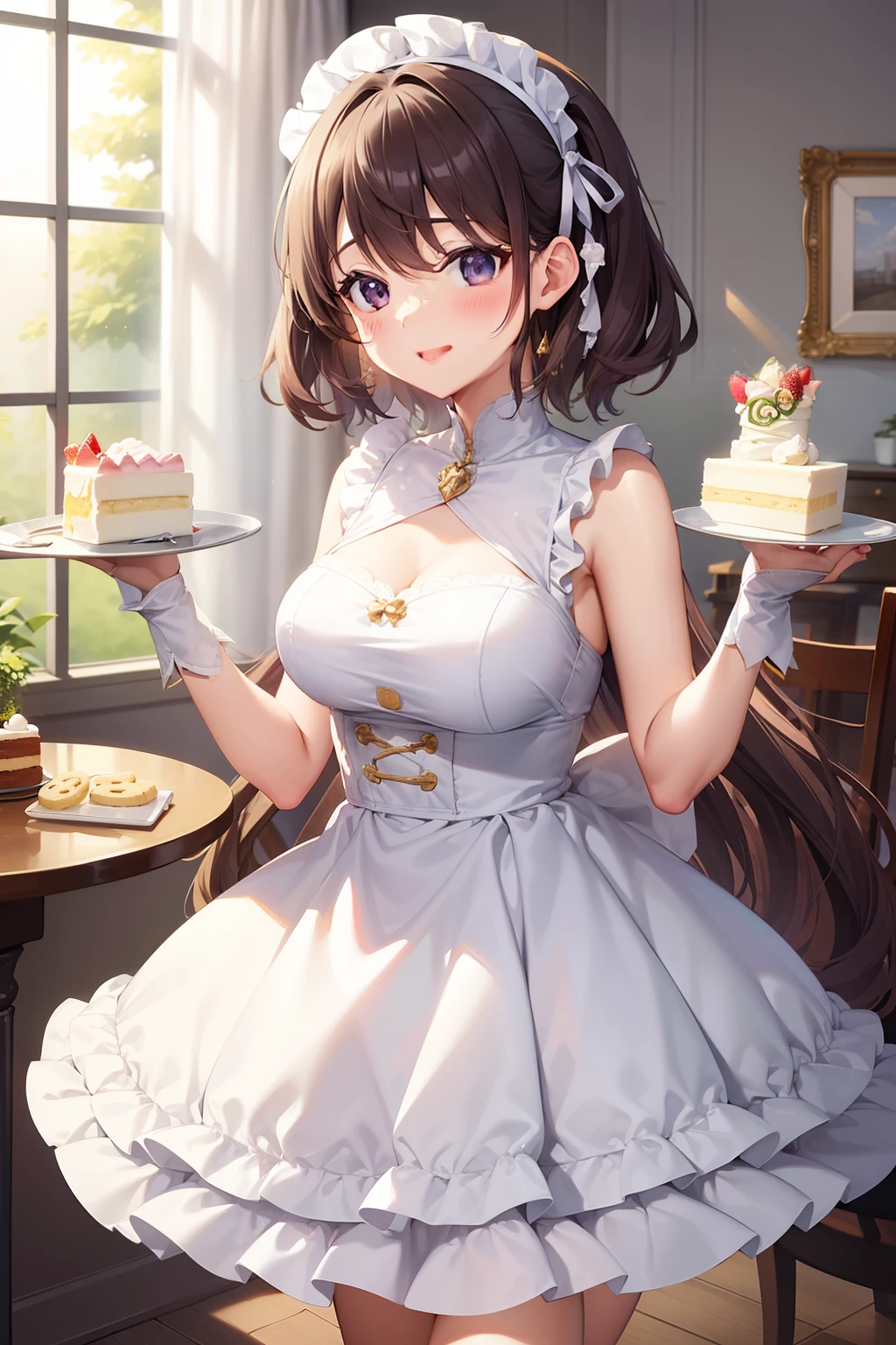 One girl and pastry chef boy eating cake、Background of sweets、Heavy cream、layered backgrounds、（Dream Background）、​masterpiece、animesque、cute little、(cookies)、Short straight hair、Elegant tea set、Elegant chairs and tables、Messy、Big smile、Delicious look、​masterpiece、 Detailed Digital Anime Art、8k high quality detailed art、Smooth Anime CG Art、with light glowing，refined face、Lots of cakes、buried、a gorgeous、Eat with your mouth full、sixteen years old、Parti、whipped cream、magical land、bare shoulders​、Big cake、chum、Baking