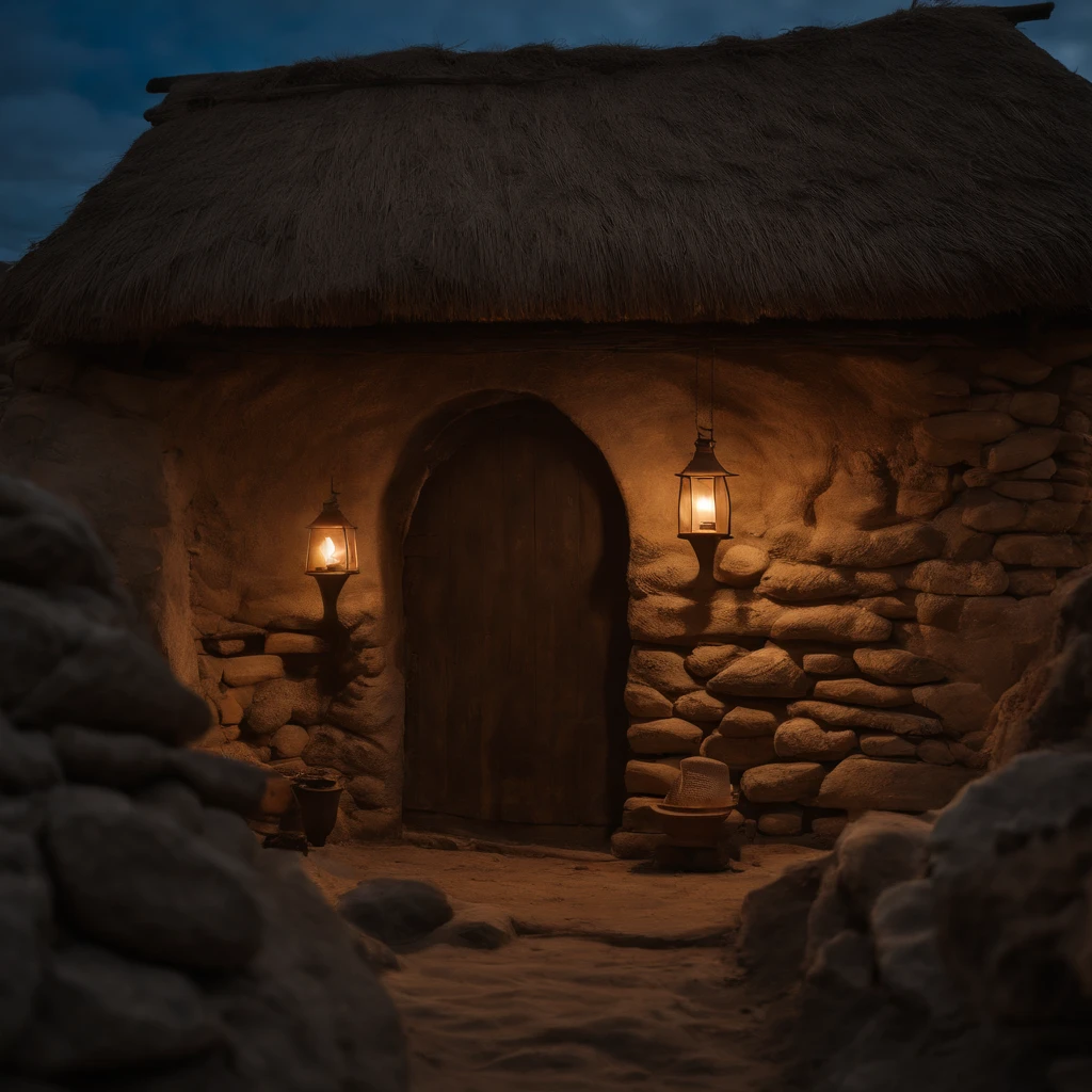 parede de tijolos rusticaA hut, stone walls, thatched roof, interior, medieval, a lighted candle, a woolen blanket as a temporary door, cinematic, real photo