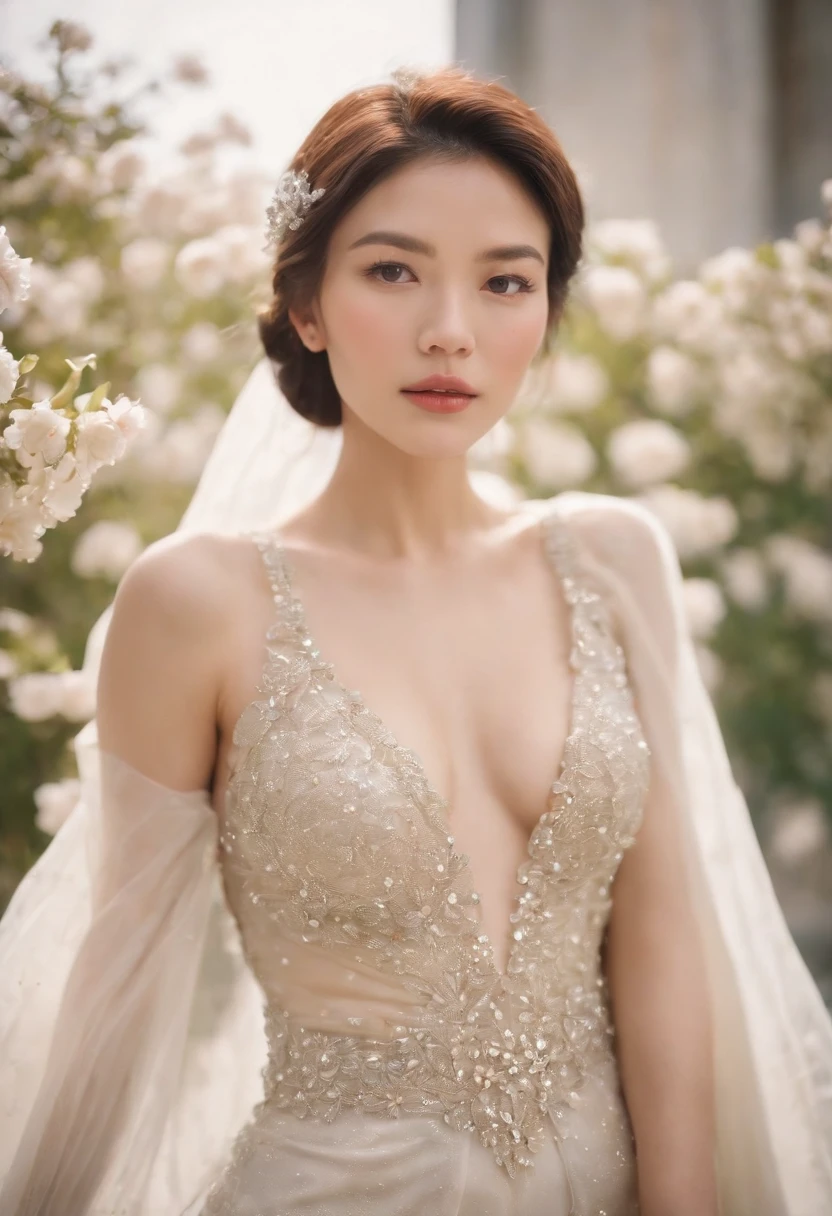 the style of fine art film, wearing futuristic diamonds clothes, a very beautiful woman, Hong Kong-style 1990s, many exploding flowers, SMC Pentax 75mm F2.8AL, hyper realistic, 16k