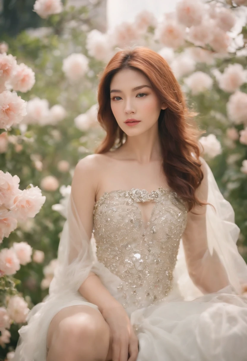 the style of fine art film, wearing futuristic diamonds clothes, a very beautiful woman, Hong Kong-style 1990s, many exploding flowers, SMC Pentax 75mm F2.8AL, hyper realistic, 16k