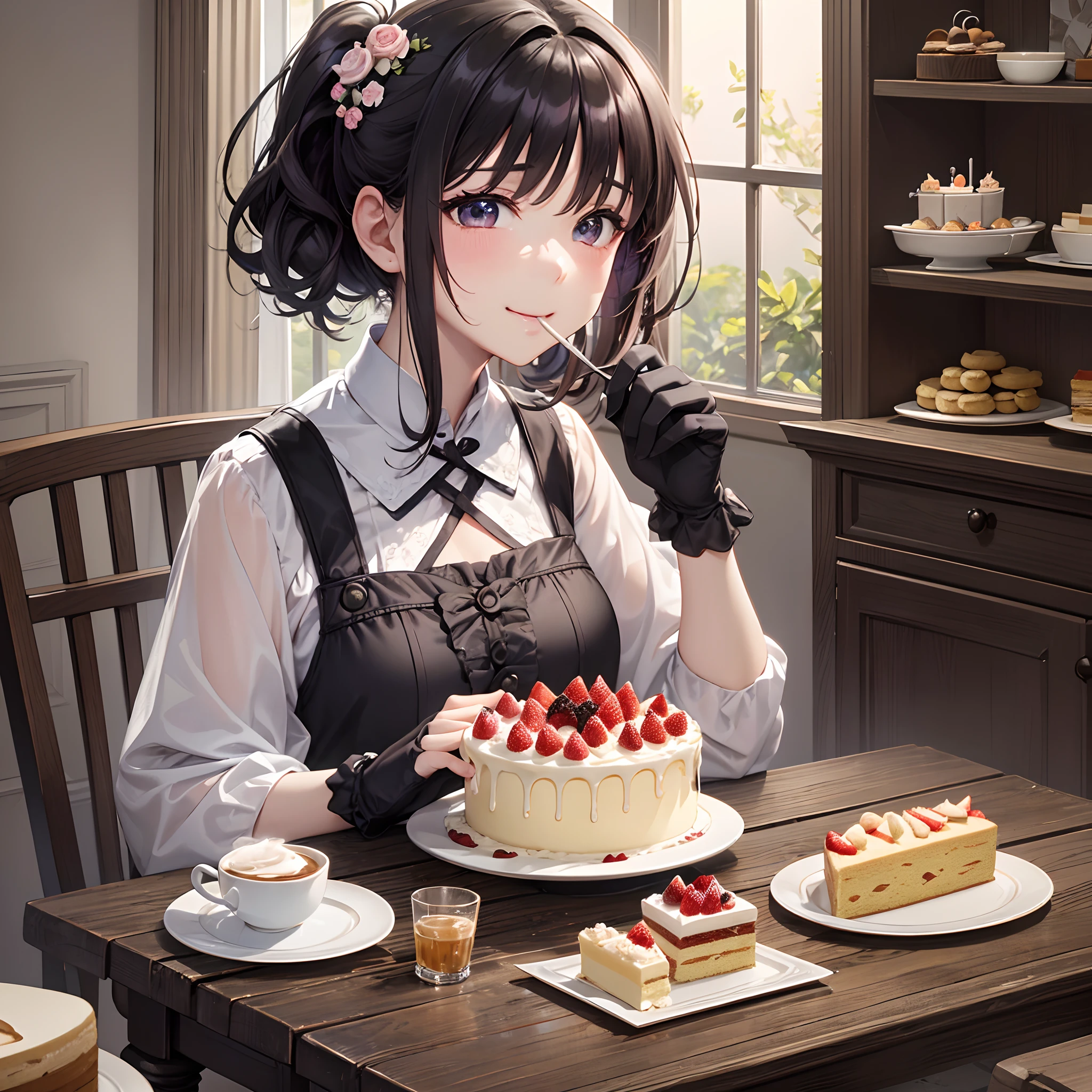 8K分辨率、（Two girls eating cake）、Background of sweets、Heavy cream、Layered backgrounds、（Fairytale background）、​masterpiece、animesque、cute little、(cookies)、Ponytail hair、Short hair、Elegant tea set、Elegant chairs and tables、Messy、Big smile、Delicious look、​masterpiece、 Detailed Digital Anime Art、8k high quality detailed art、Smooth Anime CG Art、with light glowing，refined face、（（Lots of cakes））、buried、a gorgeous、Eat with your mouth full、gluttony、、Parti、Overflowing cake