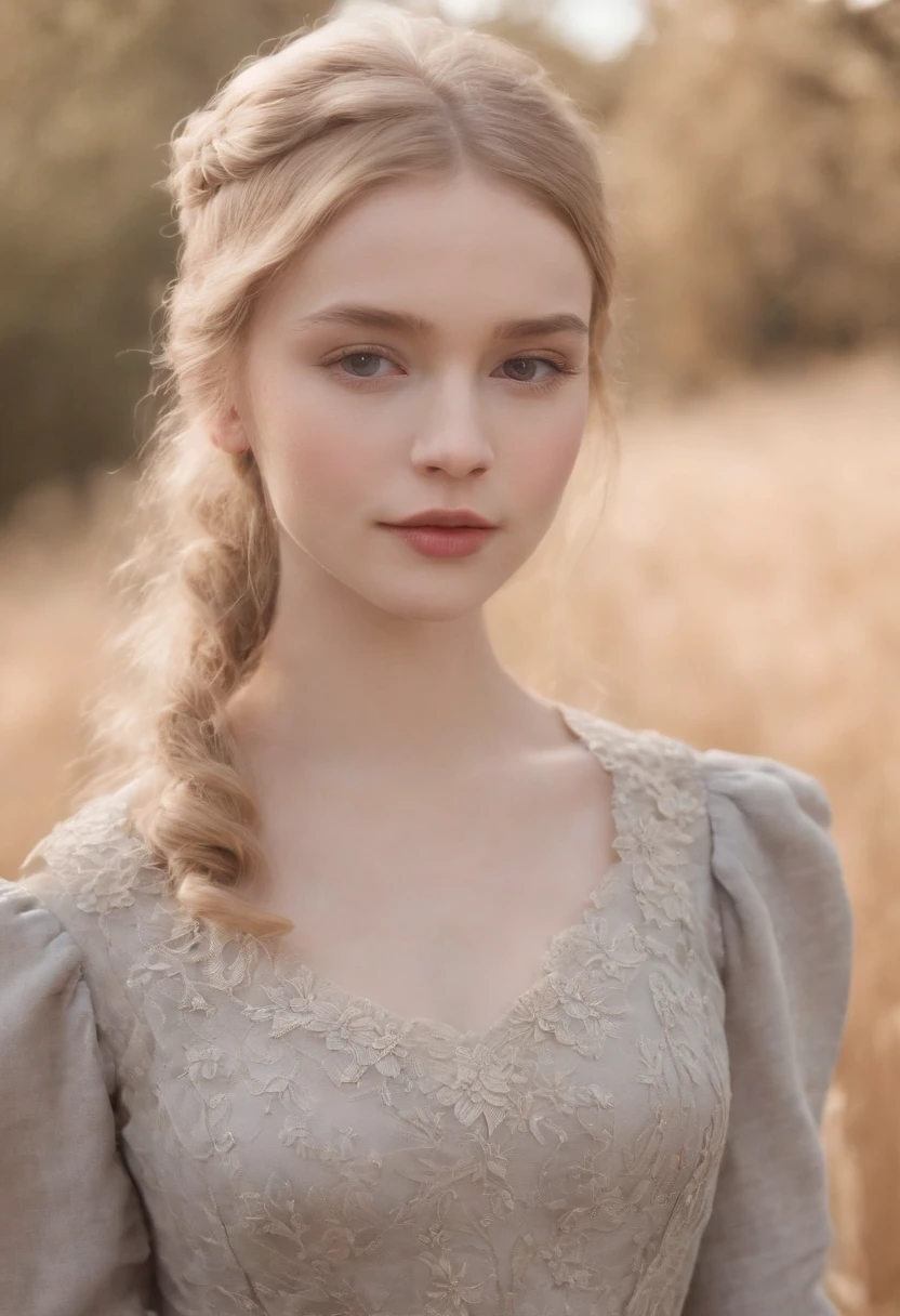 A young Victorian girl, of delicate features, em torno de 23 anos, muito bonita, the hair is very blonde the color of wheat, wears gray clothes and closed around the neck.