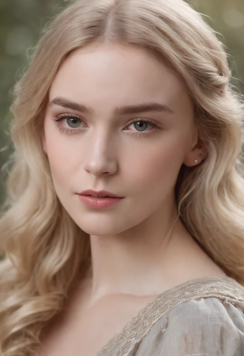 A young Victorian girl, of delicate features, em torno de 23 anos, muito bonita, the hair is very blonde the color of wheat, wears gray clothes and closed around the neck.