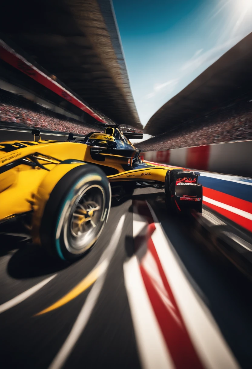 (ultra-detailed, highres, best quality:1.2), fast-paced, adrenaline-filled F1 race, intense competition, roaring engines, skilled drivers, sleek and aerodynamic race cars, blistering speeds, precision driving, tight corners, hairpin turns, challenging tracks, enthusiastic fans, flags waving, expertly executed overtakes, pit stops in the blink of an eye, stunning race circuits, thrilling battles for positions, fierce rivalries, podium celebrations, champagne showers, Victory Lane, dynamic camera angles, dramatic lighting, vibrant colors, heart-pounding atmosphere.