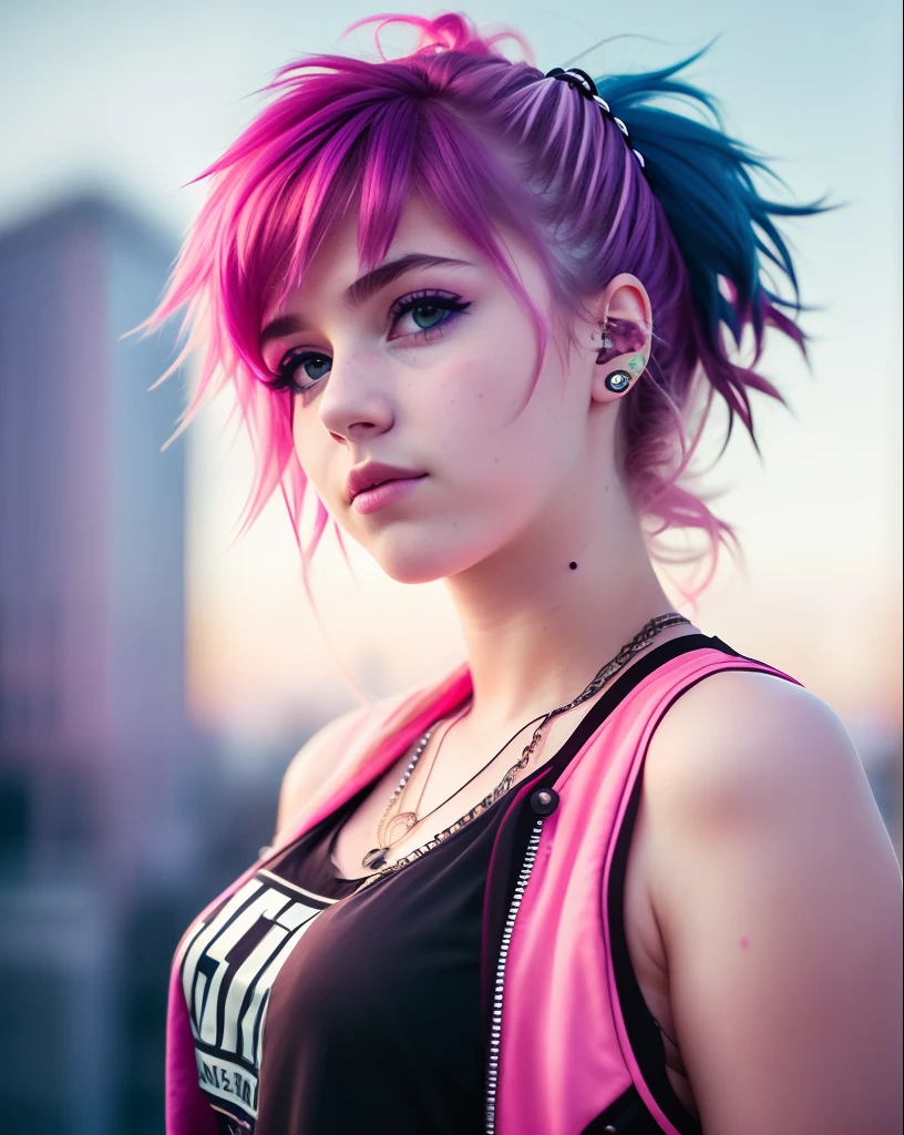 8K,17-year-old punk girl, In the sky, With side cute hair, Skin Texture, city light, Neon light, Detail Face, Blurred background details, natural soft light, nffsw, photographrealistic, professional photograpy, Flirt with viewers, Wind