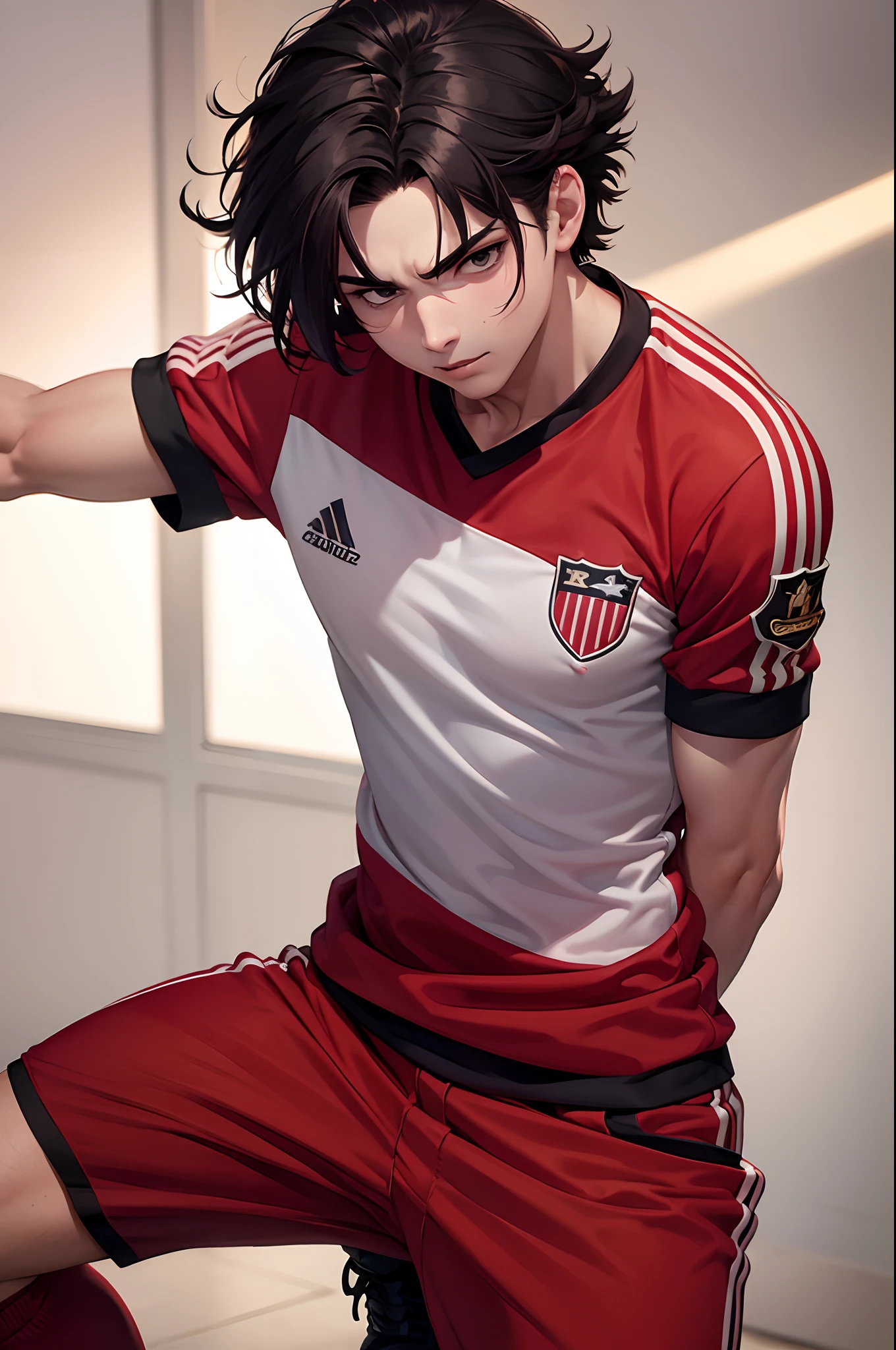 (1boy,masculino), soccer red uniform, cabelo castanho , estilo agressivo, furioso
