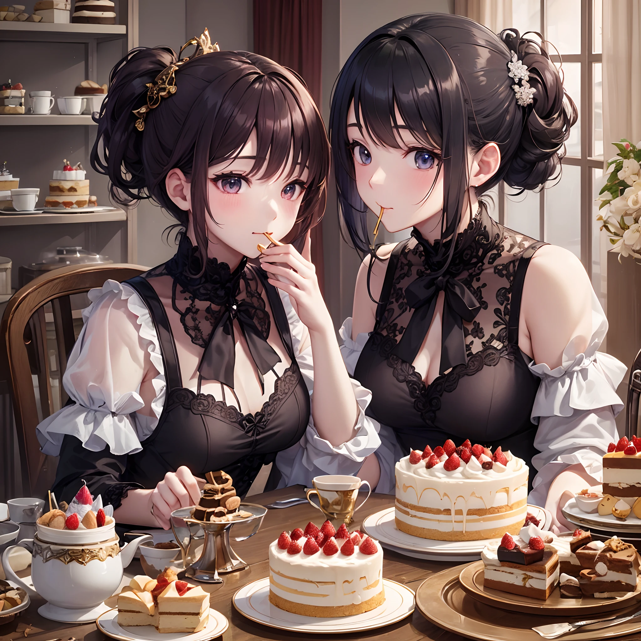 Promotional photos, The place is a coffee shop, 1 girl, s face, The waitress brought the cake to the table, Redhead with double ponytail, Gentle face, Gothic Lolita Half-Length Maid Dress with Strawberry Pattern, White-based clothes,