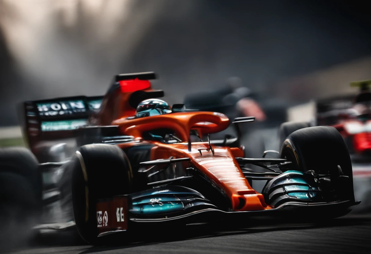 F1 race,painting,fast cars,thrilling speed,vivid colors,exciting atmosphere,realistic crowd,impressive track details,[detailed spectators],[explosive noise],high-octane action,(best quality,4k,highres),(realistic,photorealistic),bokeh,studio lighting