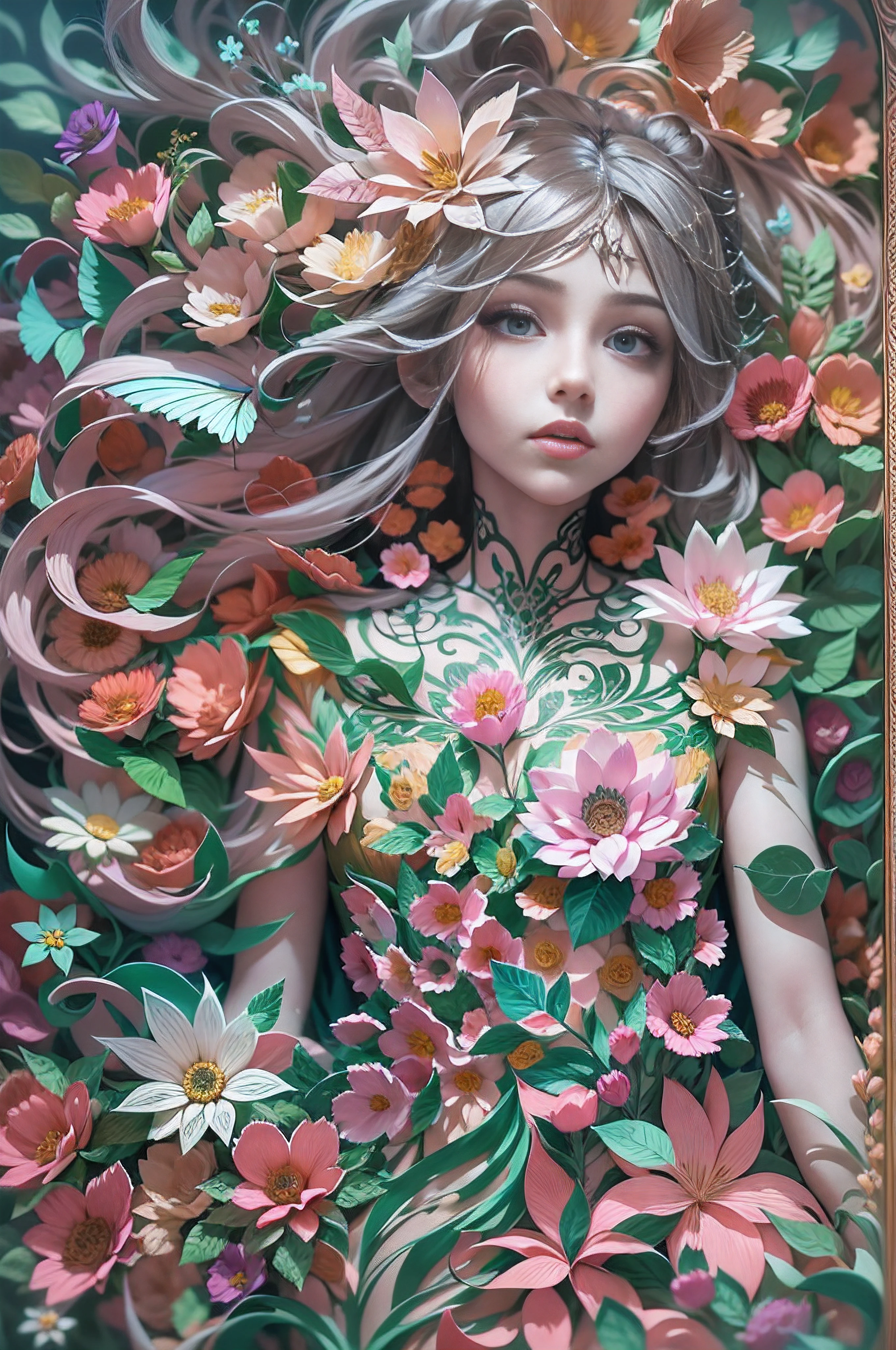 ethereal fantasy concept art of intricate paper quilled subtle girl with flowers, vibrant, beautiful paper quills, hyper detailed, insane depth, gorgeous composition, chaotic but orderly . magnificent, celestial, ethereal, painterly, epic, majestic, magical, fantasy art, cover art, dreamy