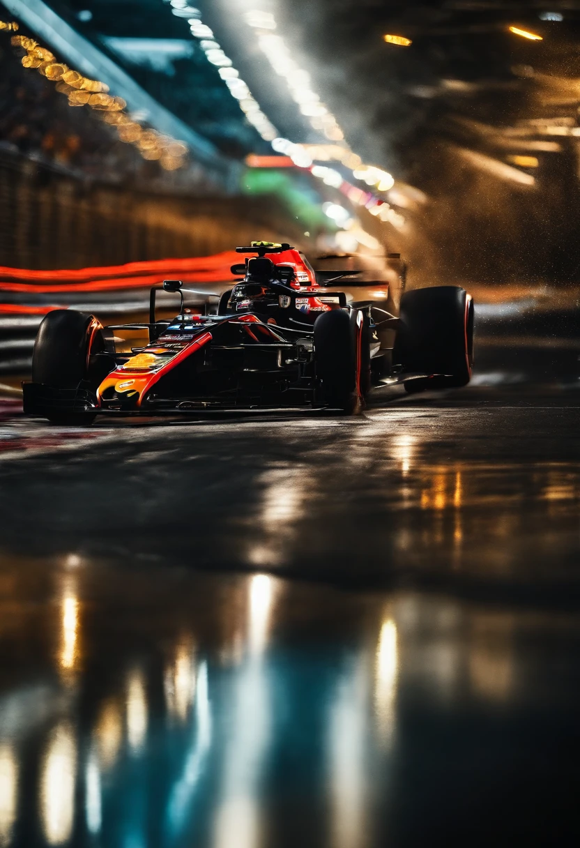 F1 race,painting,fast cars,thrilling speed,vivid colors,exciting atmosphere,realistic crowd,impressive track details,[detailed spectators],[explosive noise],high-octane action,(best quality,4k,highres),(realistic,photorealistic),bokeh,studio lighting