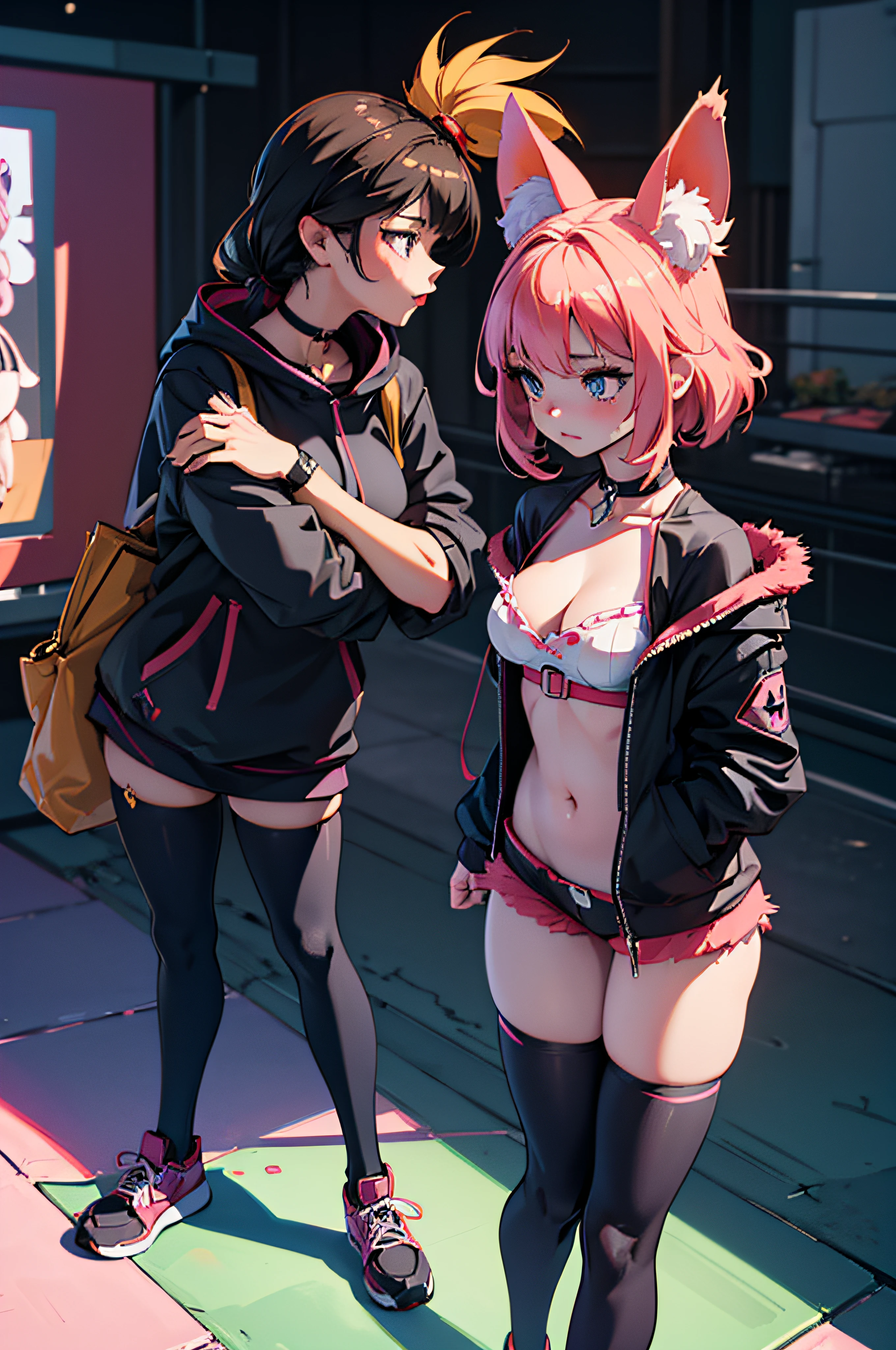 sexy anime catgirl,short girl,young girl,,nsfw,18+ contentmaster piece,hyper quality, Hyper Detailed,Perfect drawing,nffsw,3D,8K,Two anime beautiful girls kissing while pressing their breasts against each other , short pants with fur,hourglass shape body, black choker around her neck