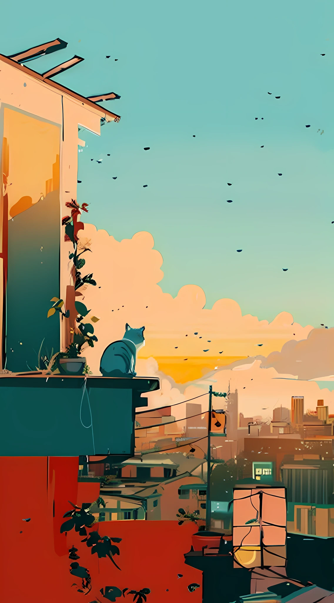 there is a cat sitting on a ledge in the rain, lofi art, lo-fi illustration style, nostalgic melancholic artwork, desolate. digital illustration, rainy afternoon, by Ni Duan, lo-fi art, by Alena Aenami, by Li Tiefu, by Atey Ghailan, art of alena aenami
