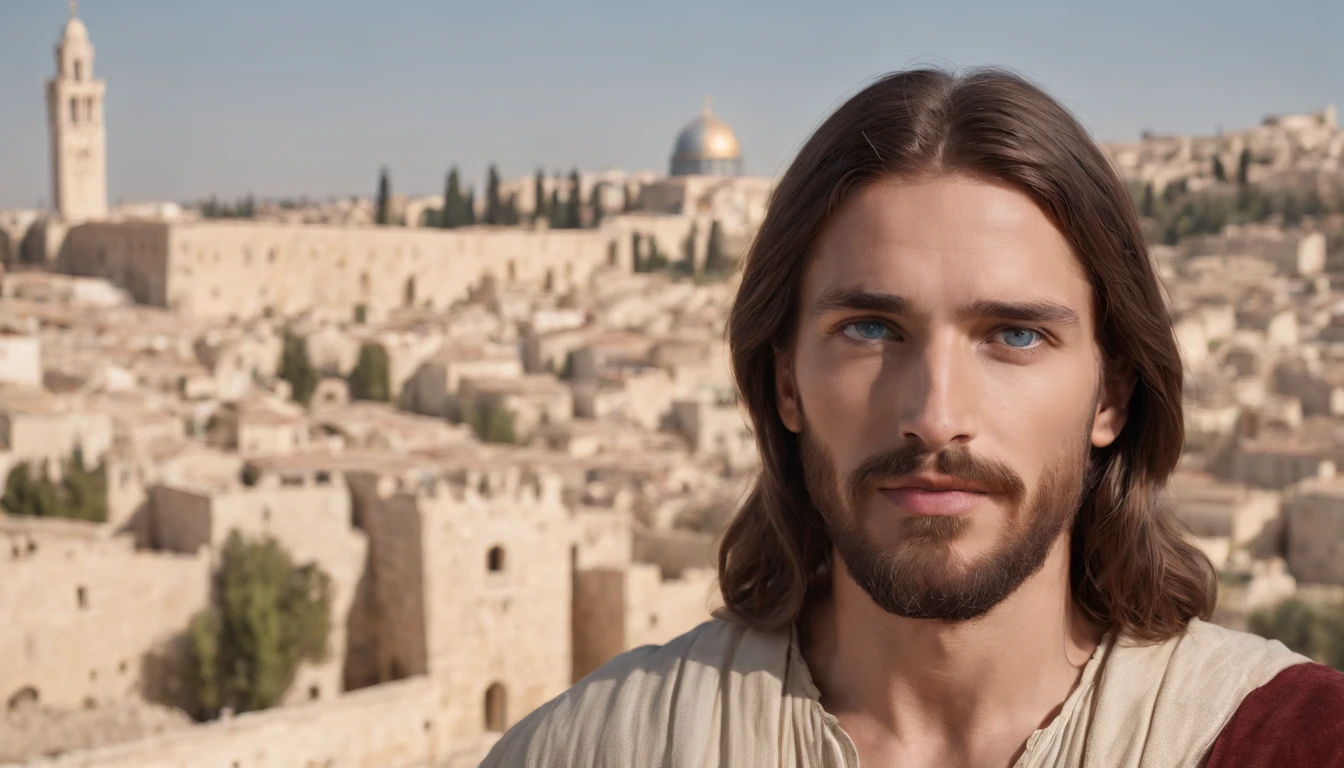 Jesus, light blue eyes, handsome, beard, city of jerusalem on background, realistic, 8k