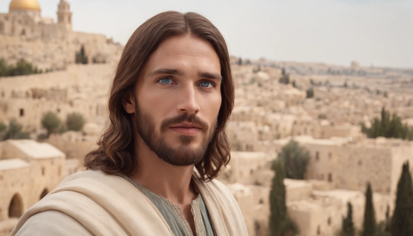 Jesus, light blue eyes, handsome, beard, city of jerusalem on background, realistic, 8k