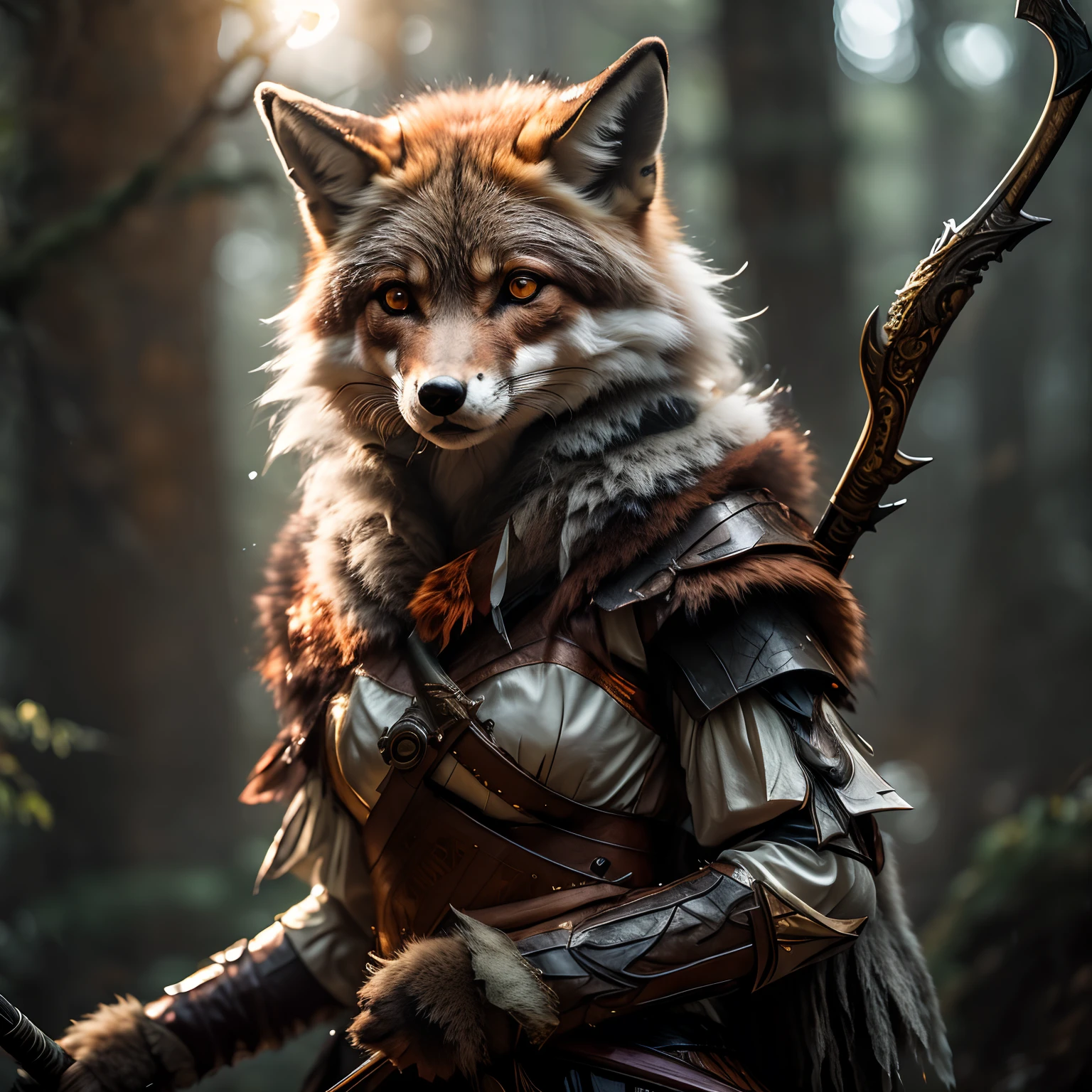 There is a woman dressed as a fox with a sword, uma raposa antro, Retrato de uma raposa antro, female fox, uma bela raposa senhora, forest hunter lady, an anthropomorphic fox, Armadura inspirada em Kitsune, anthropomorphic fox, Aela, the Huntress, arte do antro, raposa, raposa nobushi, Arqueiro florestal feminino